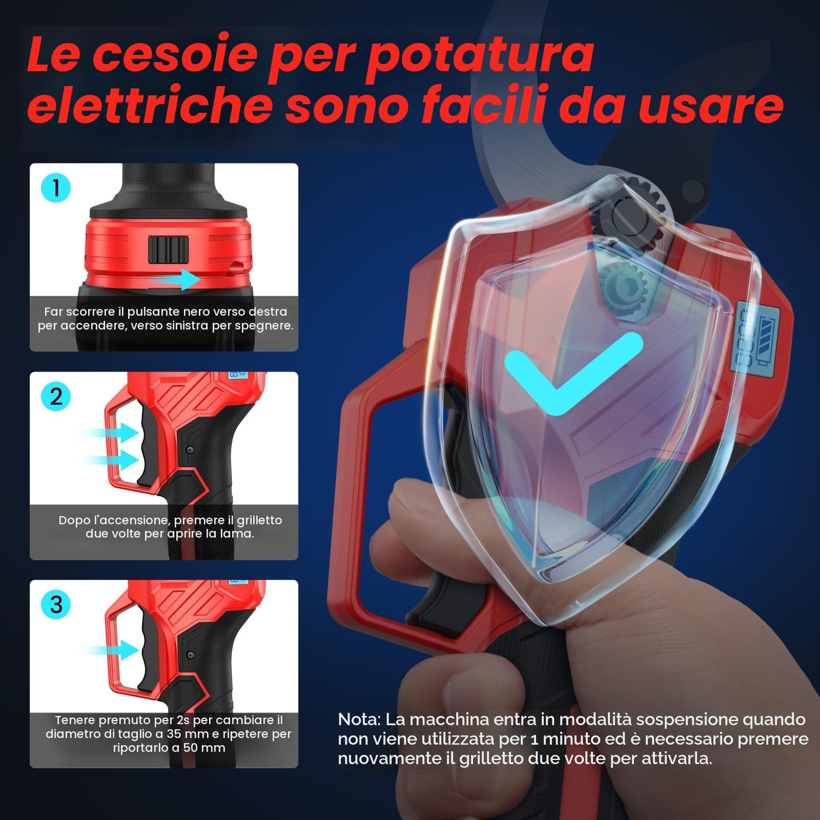 Forbici Potatura a Batteria, 50mm Forbici Potatura con 800W Motore Brushless & Display, 2 Batterie Funzionare per 6-8 ore, Compatibile con batterie Makita da 18 V, per Frutteto,Giardino,Fattoria