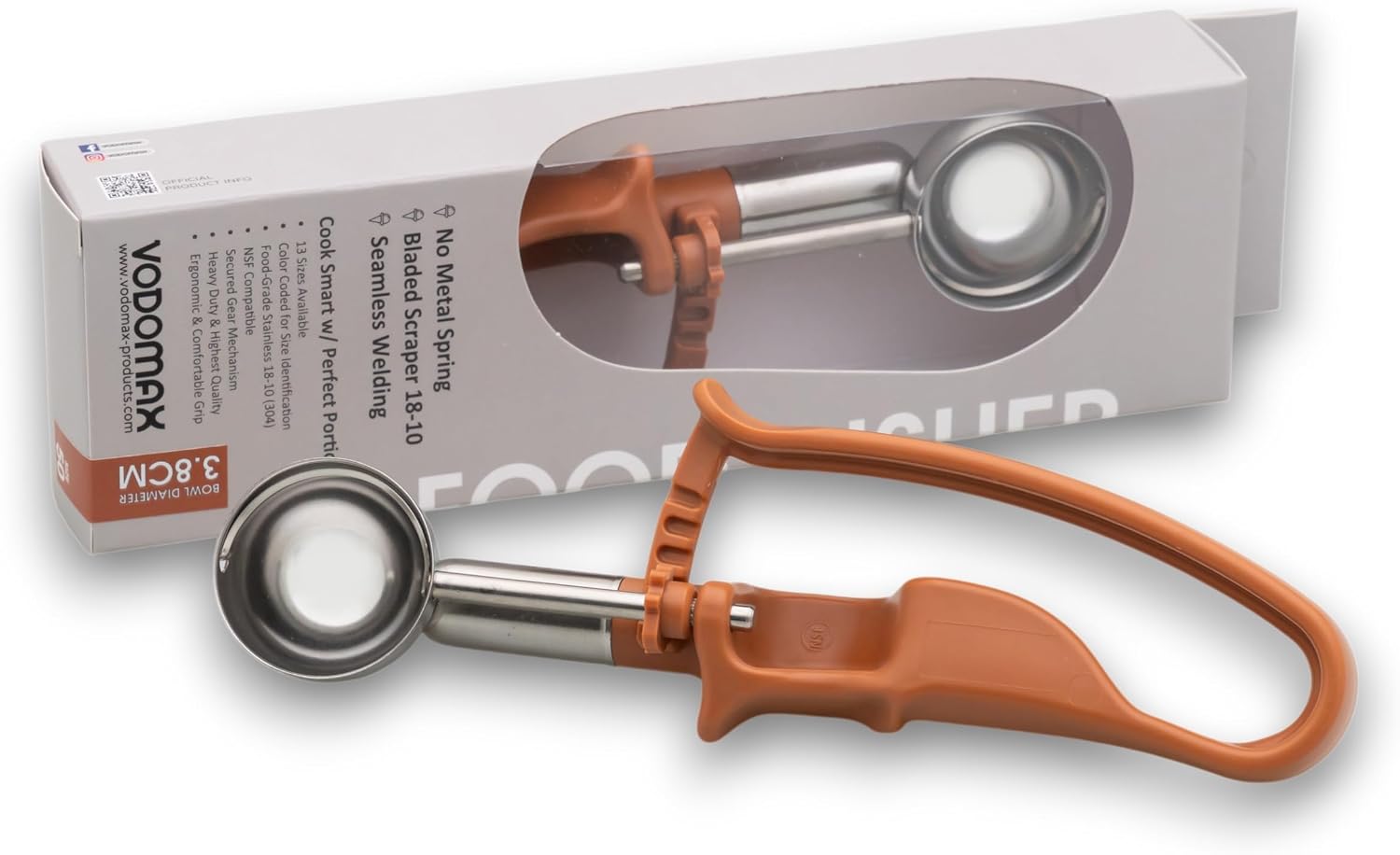Size 50 BROWN (0.65 oz.) VODOMAX Commercial Food Disher, Stainless 18-10, #50 Meatball Scooper, Meat Baller, Ice Cream Disher, Cookie Dough Scoop, Falafel Scoop, Home Use Scoop, baking scoop