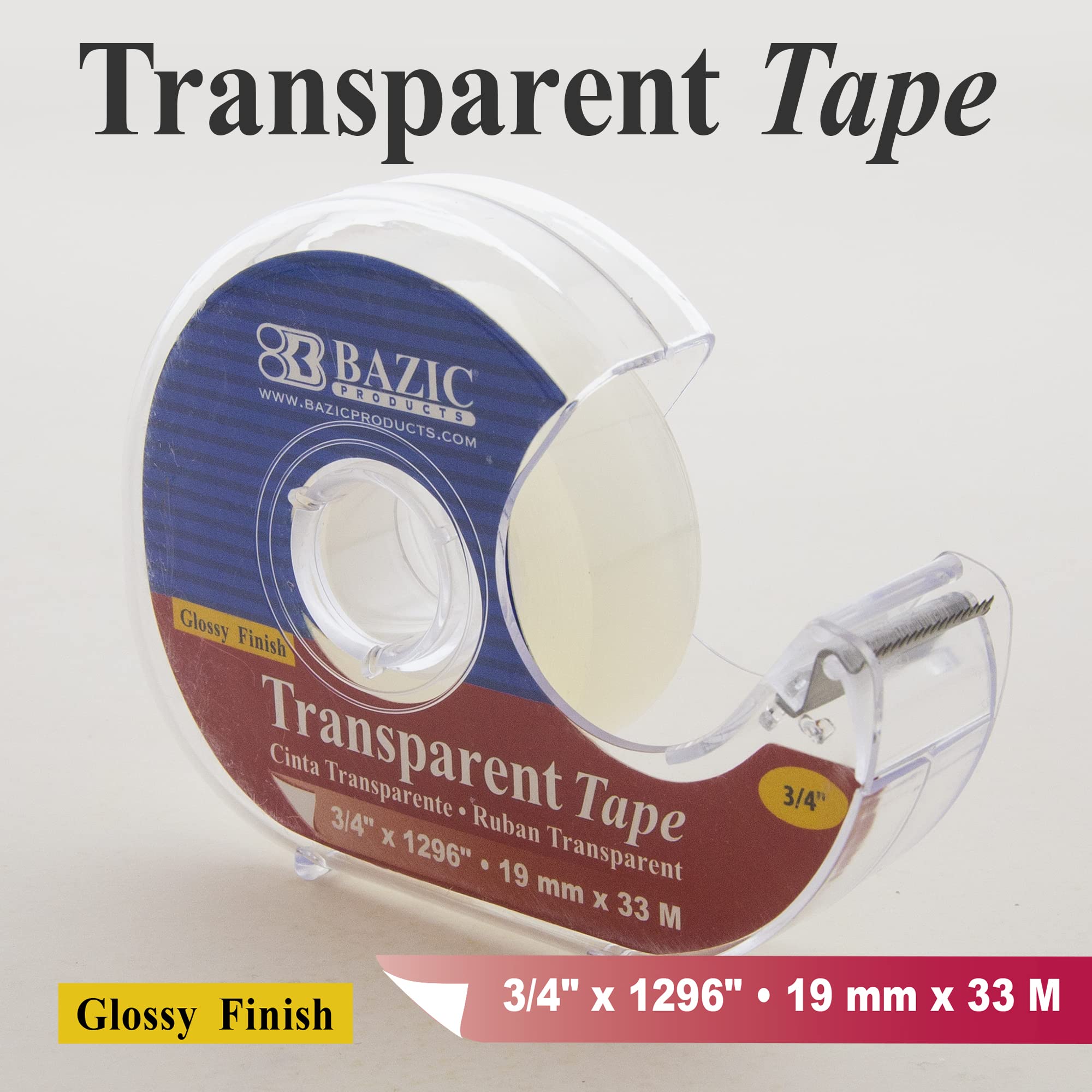 Bazic Lot de 24 rouleaux de ruban adhésif transparent avec dévidoir Finition brillante pour le bureau et la maison