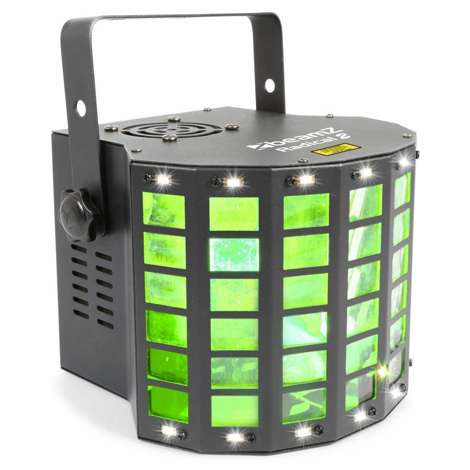beamz Radical 2 • Effetto Luminoso 3in1 • 4X LED 3W RGBW • 4 Canali DMX • modalità Standalone • Effetto Derby, Laser e Strobo • Programmi Predefiniti • Telecomando Incluso • Laser Rosso/Verde