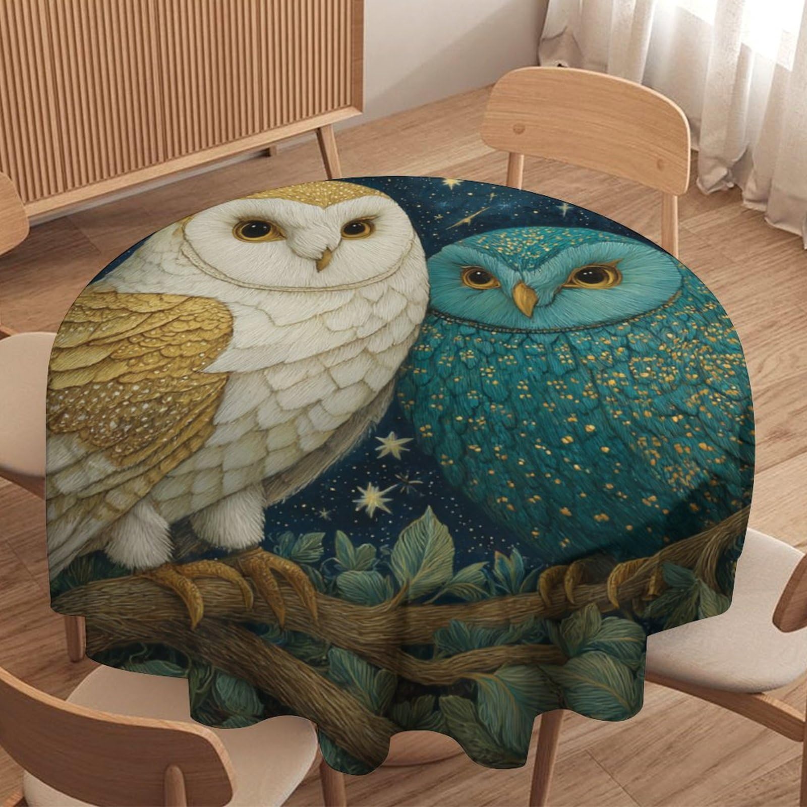 LUYYSKY Rustic Painting Art Birds Owls Waterproof Round Tablecloth Modern Classic Galaxy Plants Trees Animals Owls Pattern Washable Table Cover for Kitchen-70 Wx70 L