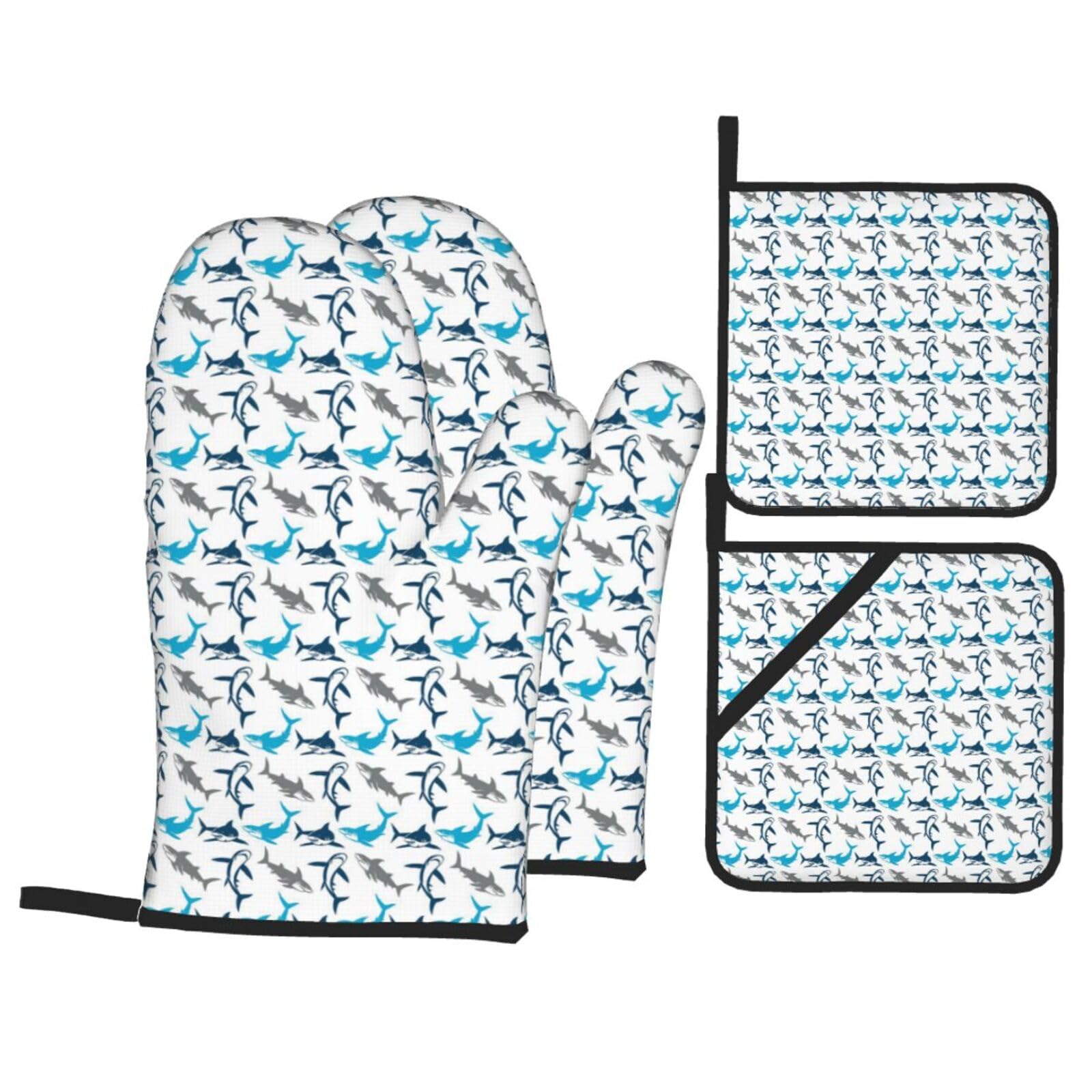 Sharks Print Stylish Heat-Resistant Oven 4-Piece Set Kitchen Gloves Roasting Daily Cooking