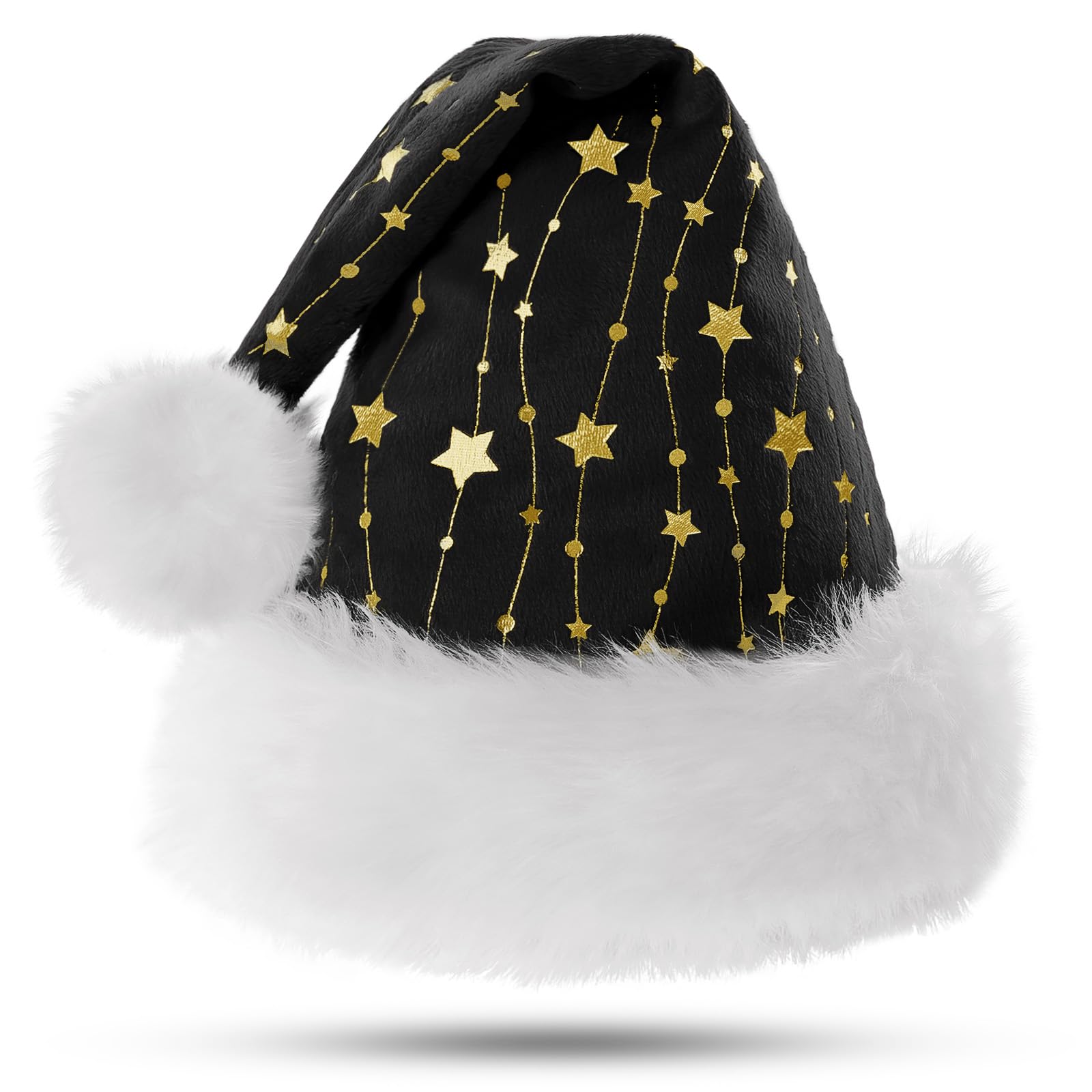 KONVINIT Black Santa Hat for Adults,Fluffy Christmas Hat with Gold Stars,Warm Large Xmas Hat for Men and Women,black - Image 2