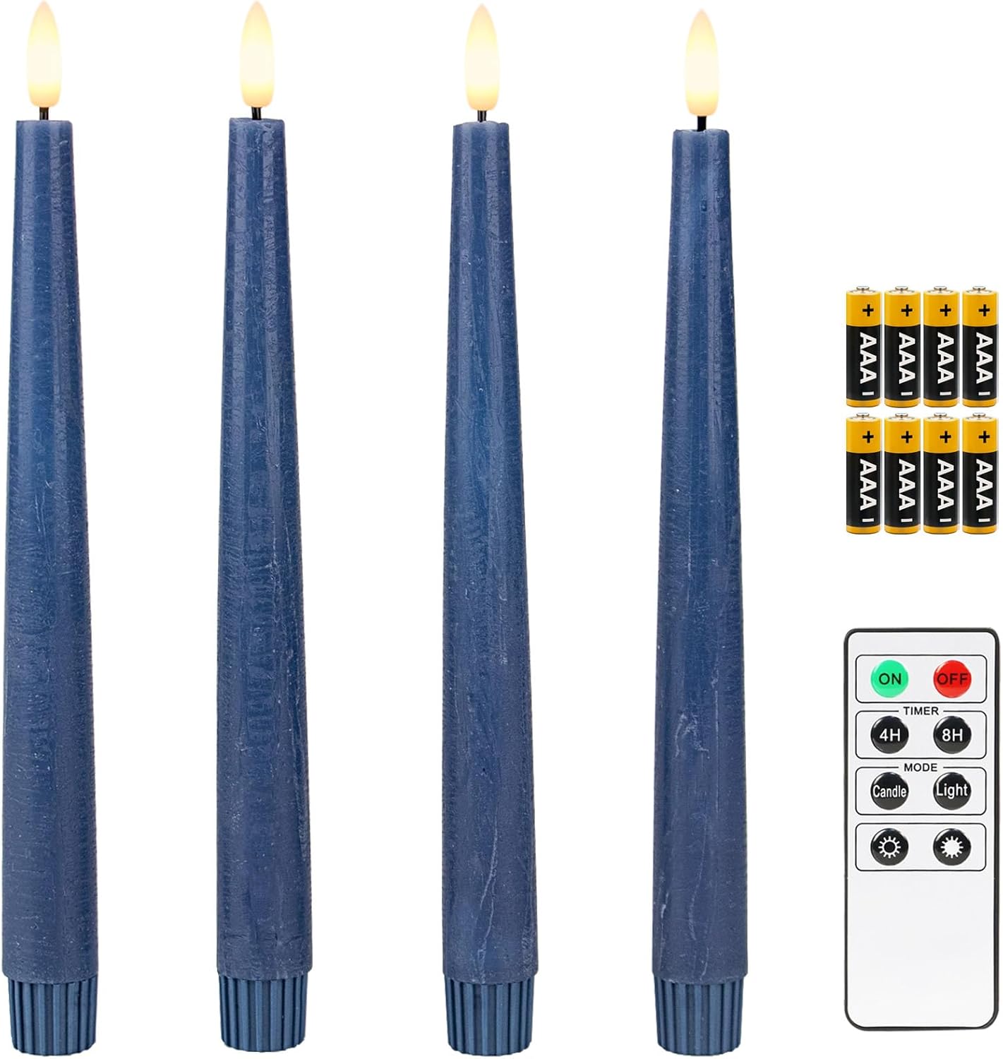 Fanna 9.6" Flameless LED Taper Candles with Timer in Real Wax, Battery Operated Rustic Wax Dinner Candlesticks with Remote, 8 Batteries Included - Set of 4 - Dark Blue