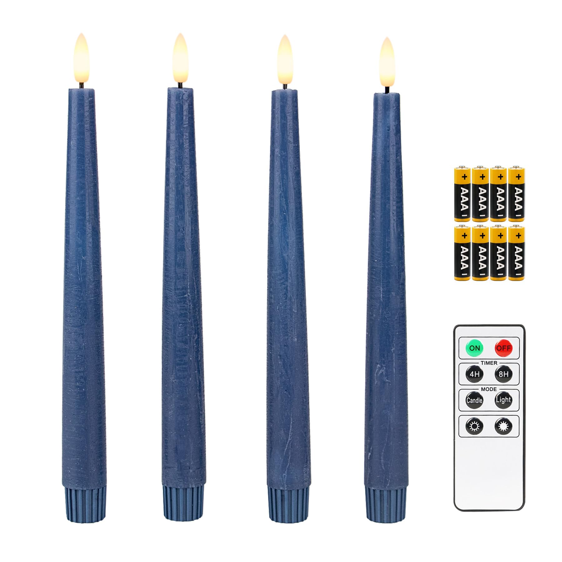 Fanna 4 Flameless LED Taper Candles with Timer in Real Wax, Battery Operated Rustic Metallic Dinner Candlesticks with Remote, 8 Batteries Included - H24.5cm - Dark Blue