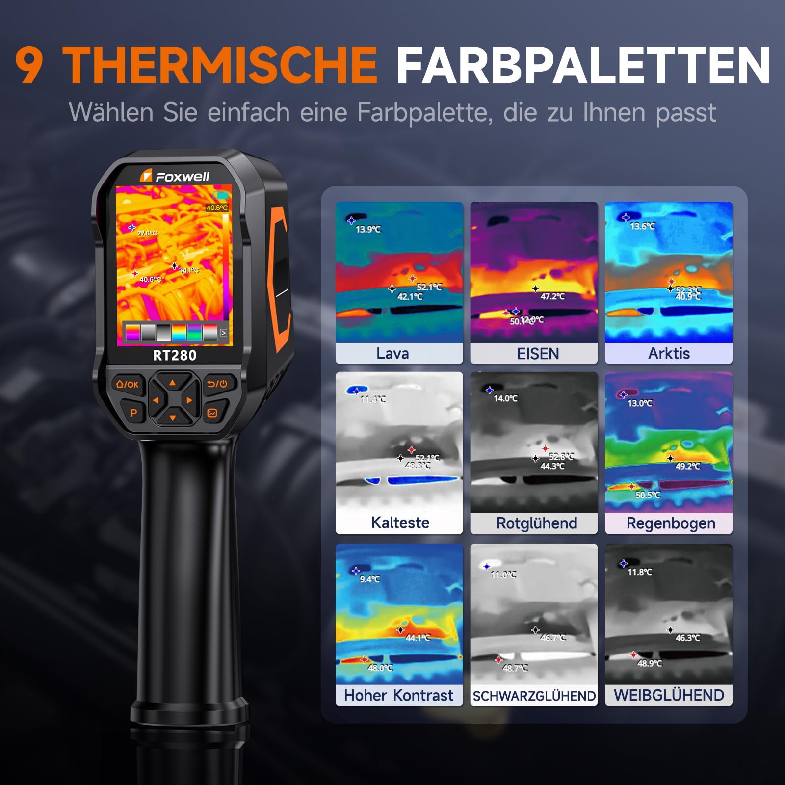 FOXWELL Wärmebildkamera RT280, 320 X 240 2,8“ LCD Bildschirm tragbare Thermal Camera, 240x180 TISR-Auflösung, -20°C bis 550°C, 25Hz Wärmekamera mit Laser, 8GB, PC-Analyse, Videoaufzeichnung(320*240)