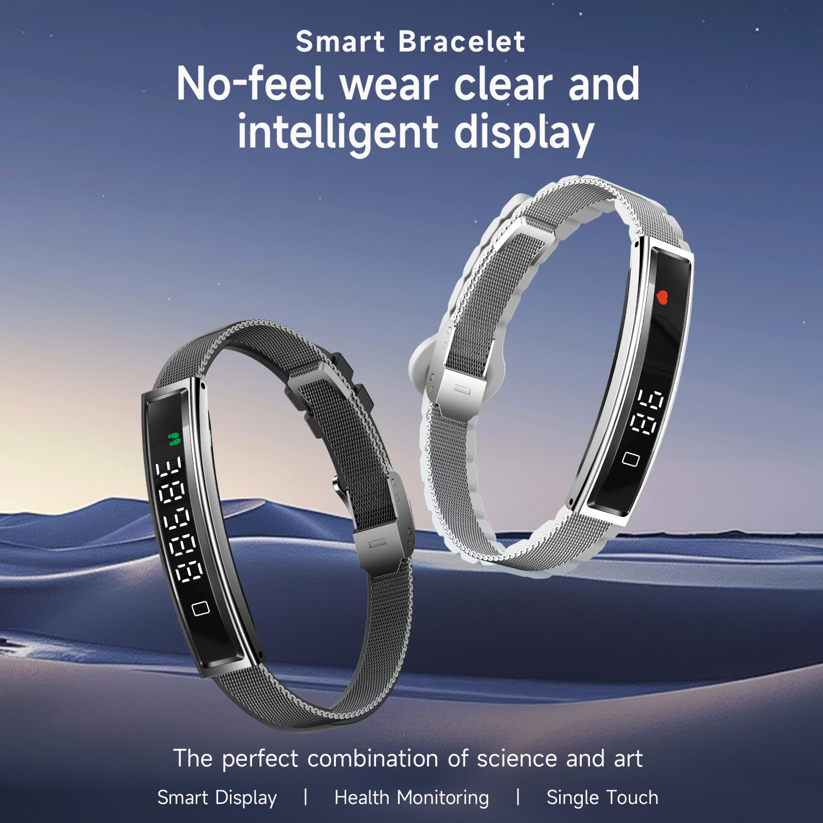 Smart Bracelet,Activity&Fitness Trackers,Touch Screen/Sleep Tracker/Heart Rate/Blood Oxygen,5ATM Waterproof,Multiple Sports Modes,Free App for iOS Android (Steel Belt, Rose Gold)