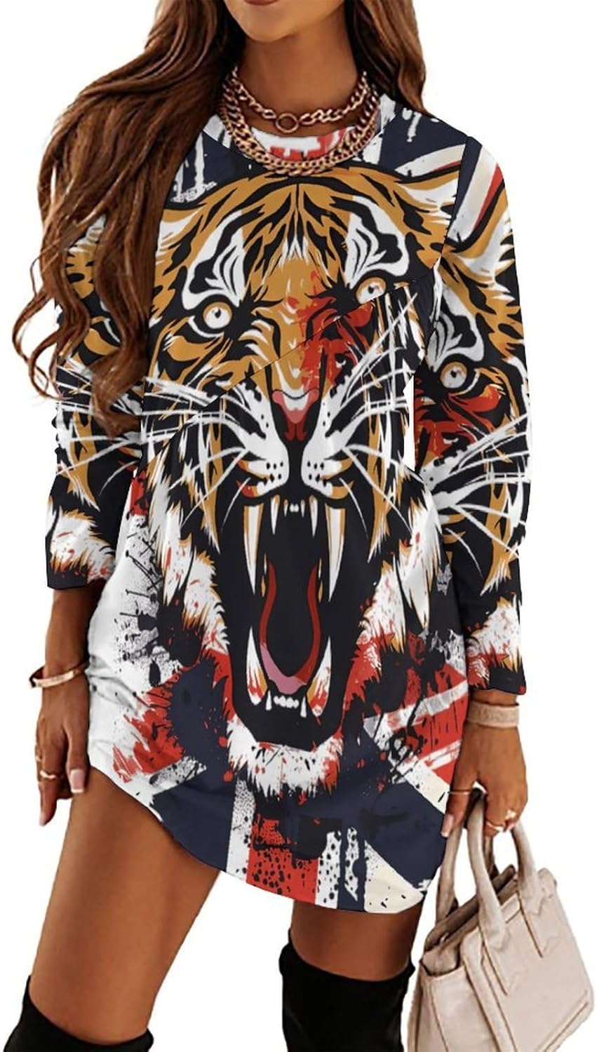 British Flag Tiger Women's Fleece Sleeve Sweatshirt Dress Long Pullover Casual Dresses