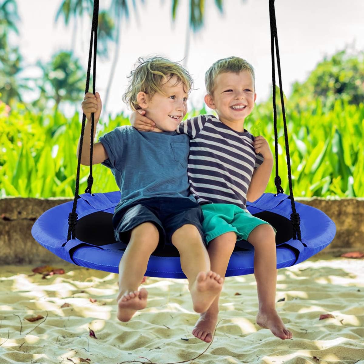 HONEY JOY 40 Inch Saucer Tree Swing, Indoor Outdoor Kids Swing Set,Height Adjustable Hanging Straps, Wear-Resistant & Water Proof Round Flying Saucer for Playground Backyard Playroom (Blue)