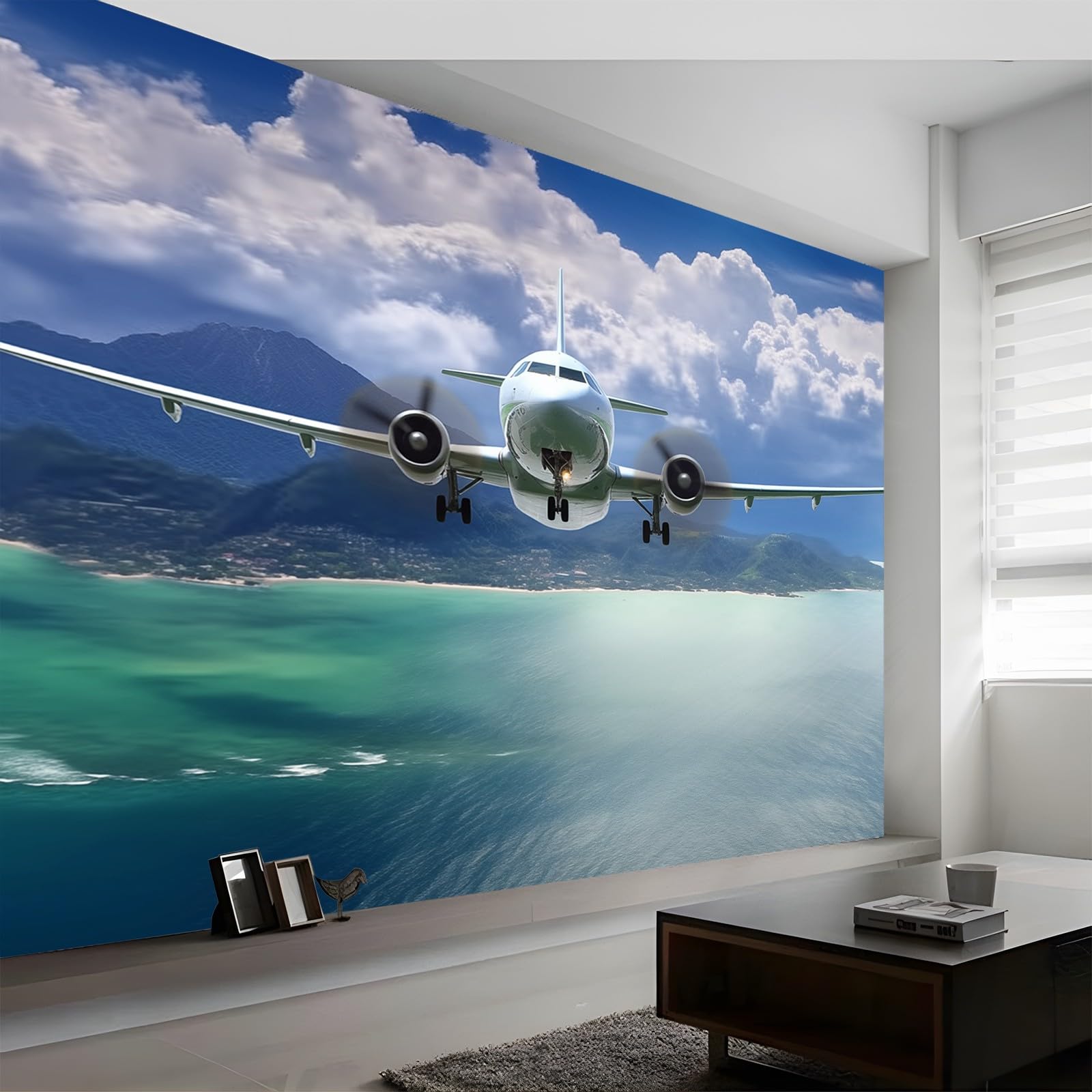 Kolorowa fototapeta, nowoczesny samolot białe chmury ocean nadruk fototapeta, mural 3D, dekoracja plakatu, materiał płócienny do salonu, sypialni, przedszkola, 400 x 280 cm (szer. x wys.)