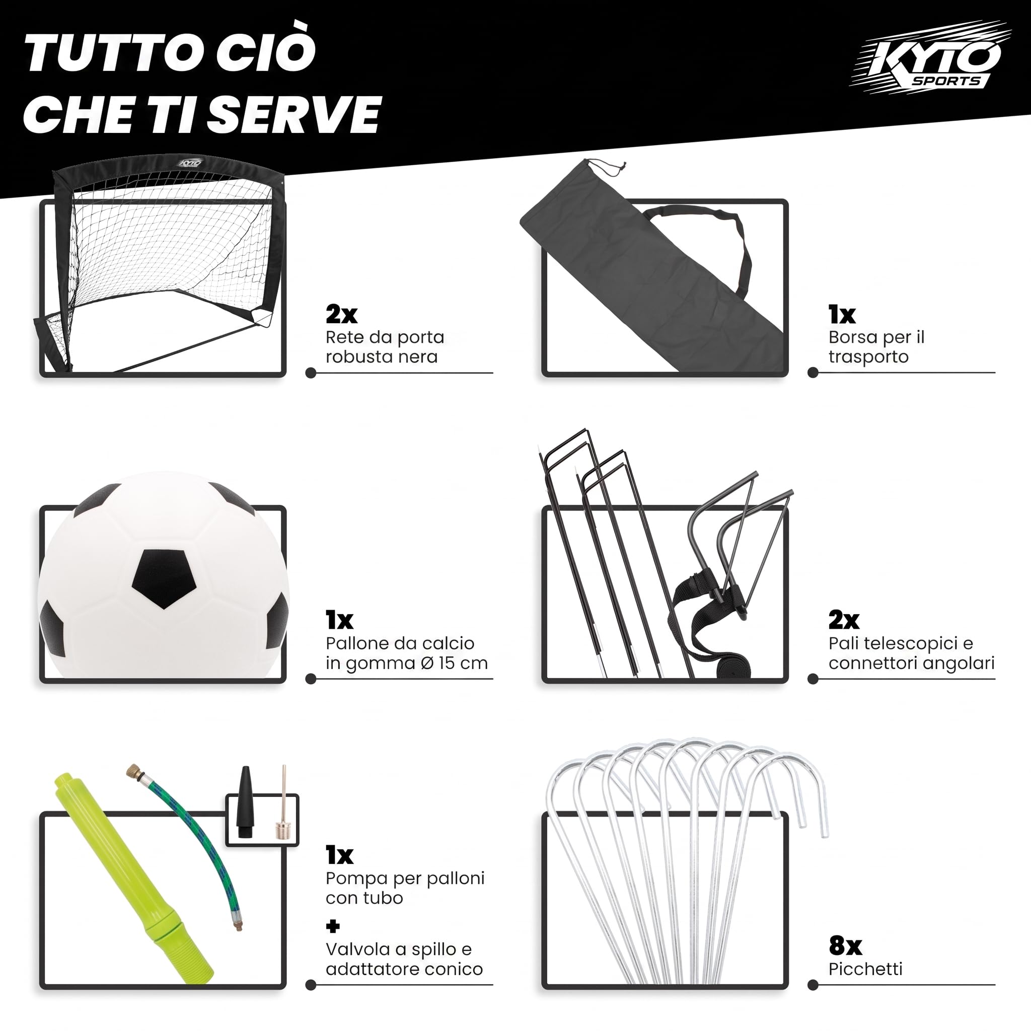 KYTO Set 2 Porte da Calcio Bambini con Rete, 90x120 cm | Struttura in metallo, ancoraggi a terra, pallone mini e pompa inclusi – ideale per giardino e parco
