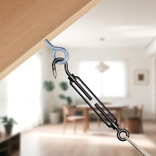 PROWIN 4 piezas tensor de gancho y ojal M6, acero inoxidable 304 con acabado negro por electroforesis, tensor ajustable de alta resistencia para toldos, cables, cadenas, tendederos y carpas miniatura 6