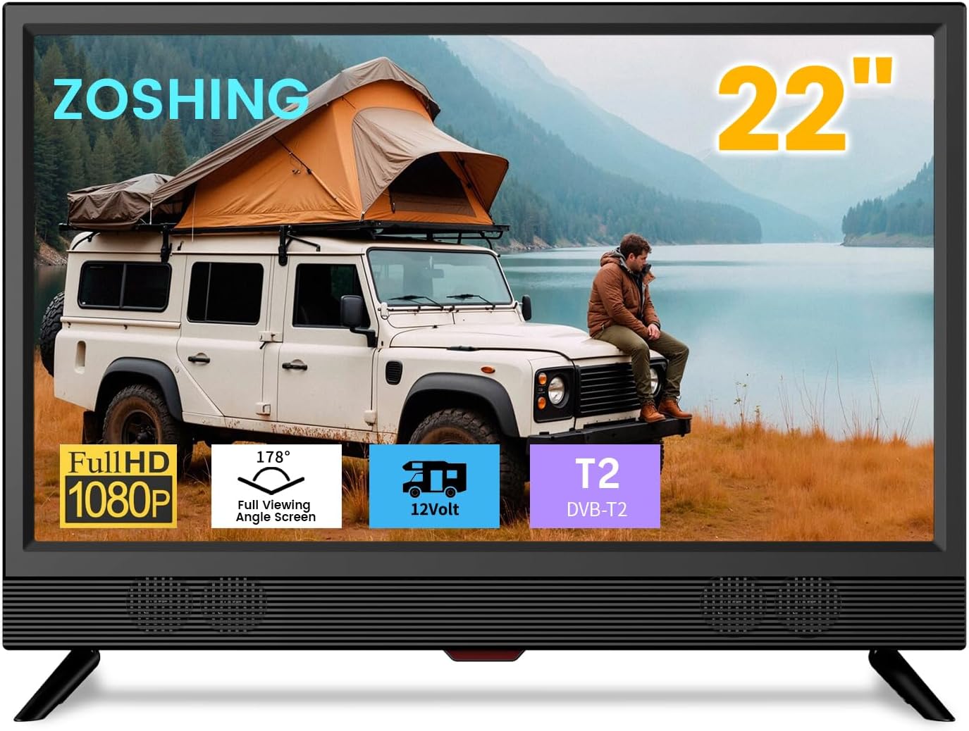 – ZOSHING TV 22 inch HD 1080P Screen, Small Television with Freeview Receiver, 12 volt TV Built Digital T2 Tuner,USB, HDMI/RCA/VGA inputs,Suitable for Bedroom Caravan