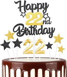 Boys Girls 22th Happy Birthday Candles Cake Toppers,Number 22 Candle for Cake,Black Gold Candles for Women Men Birthday Decorations,Star Cake Toppers for Birthday Party Wedding Anniversary