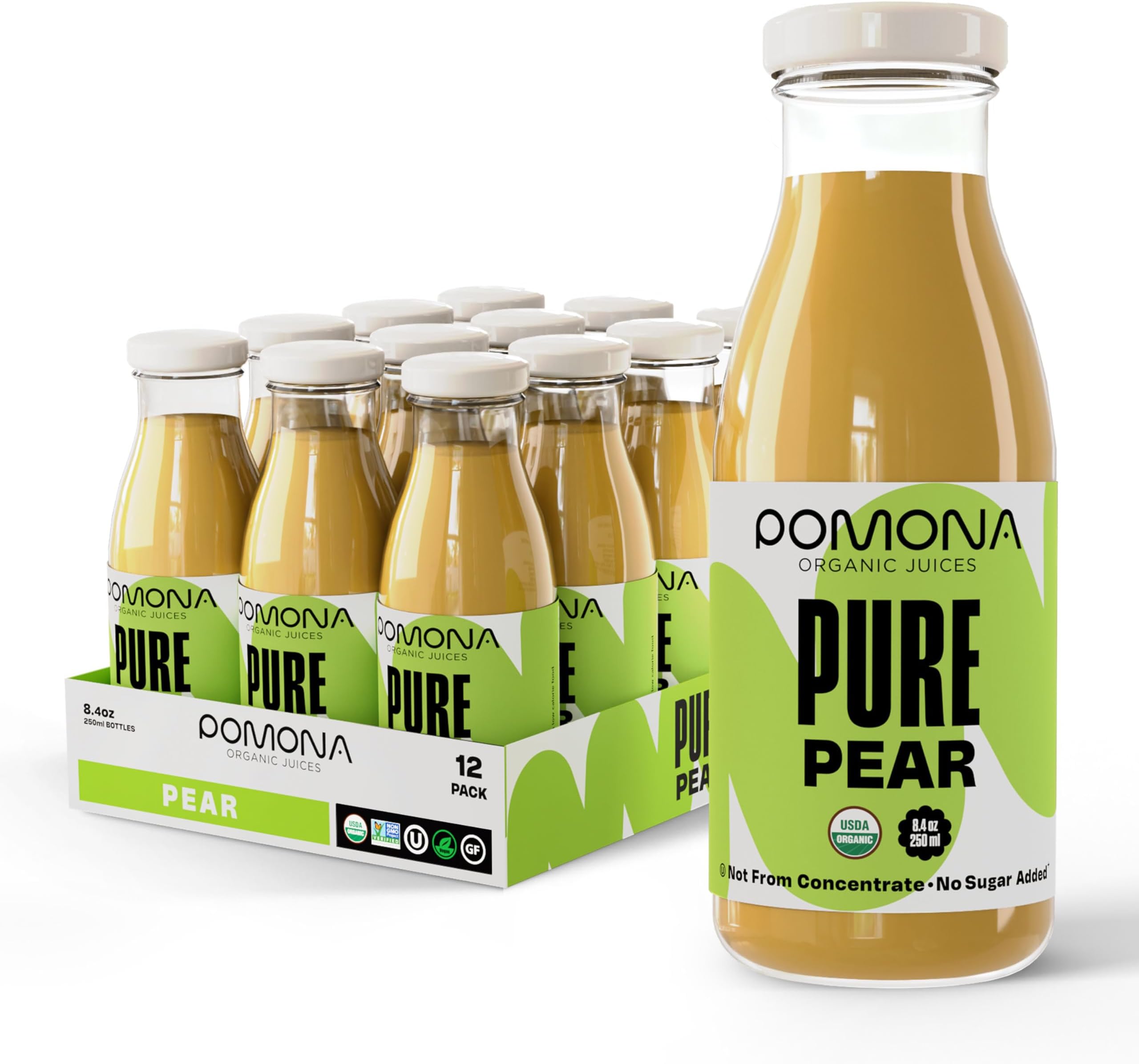 Pomona Organic Pear Juice, Cold Pressed USDA Organic Juices, Pears And Lemon Juice, No Added Sugar, Not From Concentrate, Vegan, Kosher, Non GMO, Pasteurized, 8.4 Oz Glass Bottles