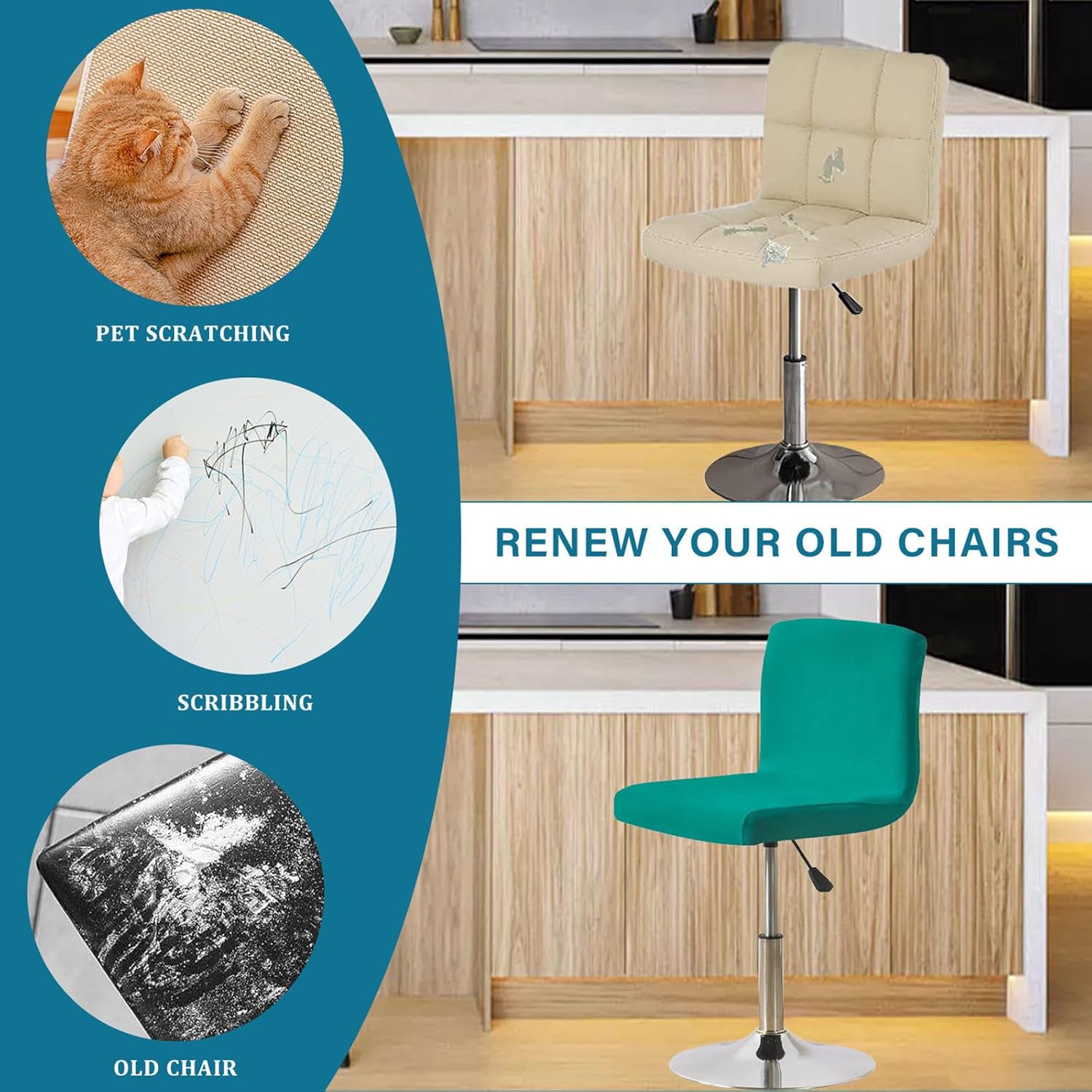 スパンデックス バースツールカバー 6枚, ストレッチ 回転式 椅子カバー と 背もたれ 着脱式 洗える バースツールチェアカバー-