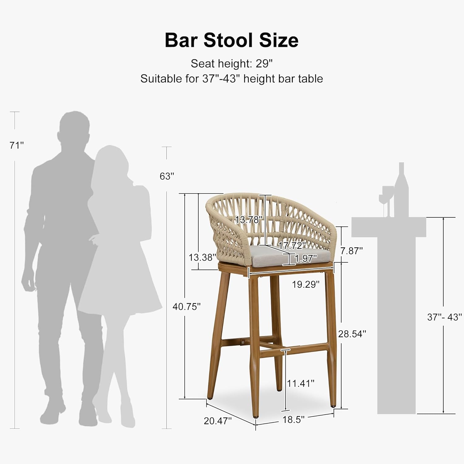 PURPLE LEAF Outdoor Rattan 29" Bar Stools Set of 4, Modern Boho Aluminum Patio Bar Height Chair with Cushion and Back for Outdoor and Indoor, Teak