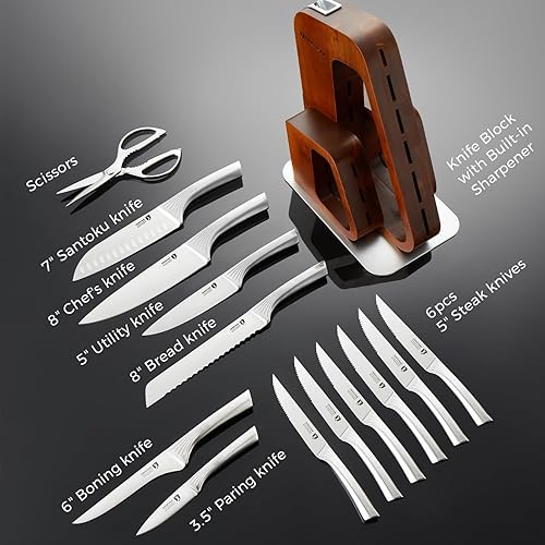 Miniatura 5 de KINGSTONE Juego de cuchillos de cocina con bloque, juego de 14 cuchillos de acero inoxidable alemán con afilador integrado, juego de bloques de