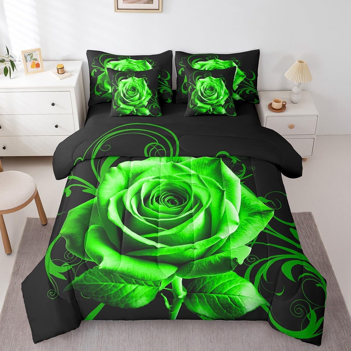Feelyou Green Rose Comforter Set with Sheets 7 Piece Queen Size Rose Floral Flower Bed in a Bag Garden Flower Bedding Set Romantic Valentine's Day Bed Set with Comforter, Sheets,Cushion Covers