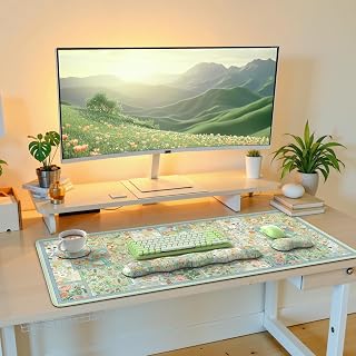 iLeadon Mouse Pad and Keyboard Wrist Rest, Large Computer Desk Mat Set | Mouse Pad Set with Wrist Pad for Keyboard, Cute Green Desk Pad Mat with Non Slip Base Office Home(Floral)