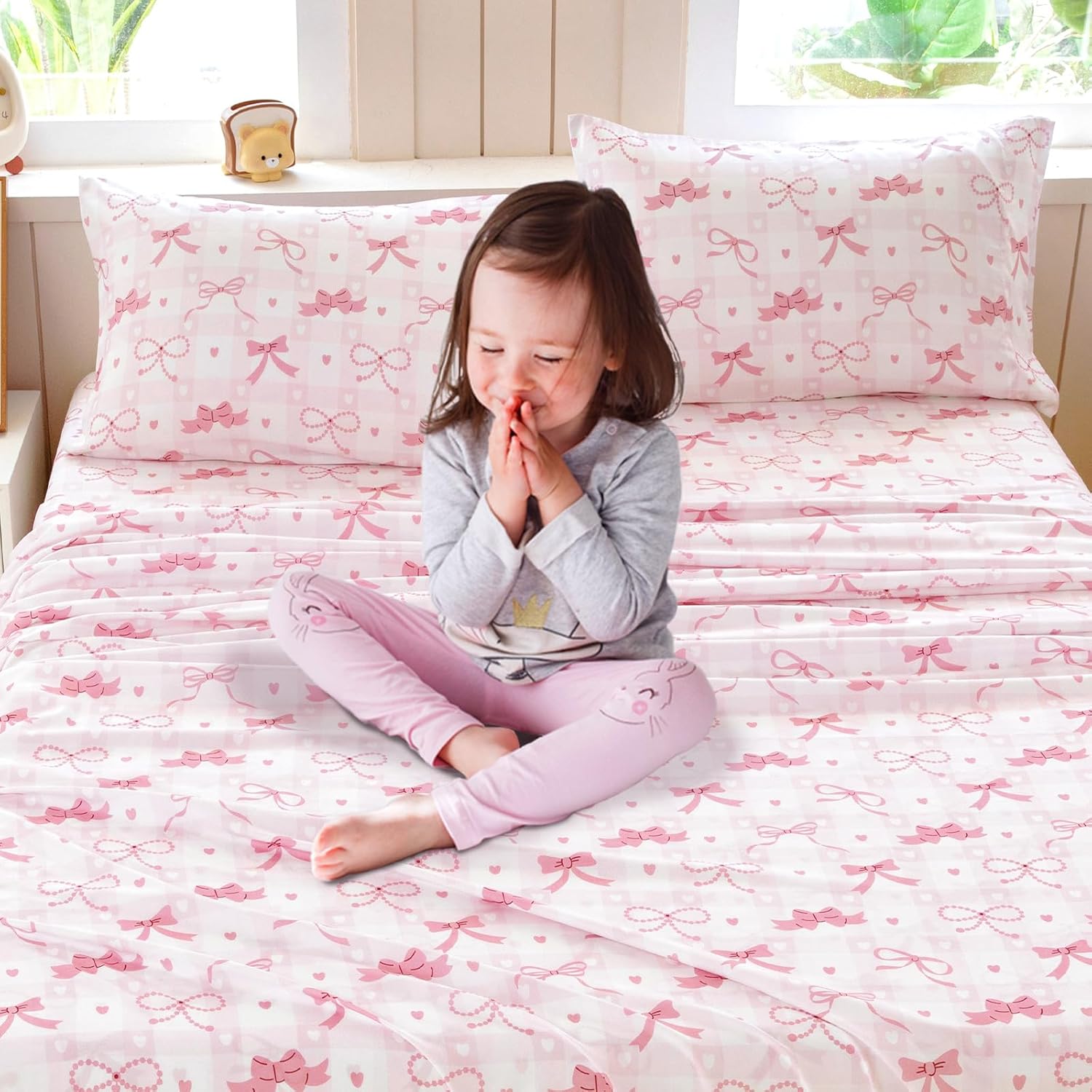 Queen Sheet Set Kids - Pink Check 4 Pieces Soft Microfiber Cartoon Style Bedsheets for Boys Girls Teens, Oeko TEX Breathable 15 Inch Deep Pocket Sheets(Pink Bow)