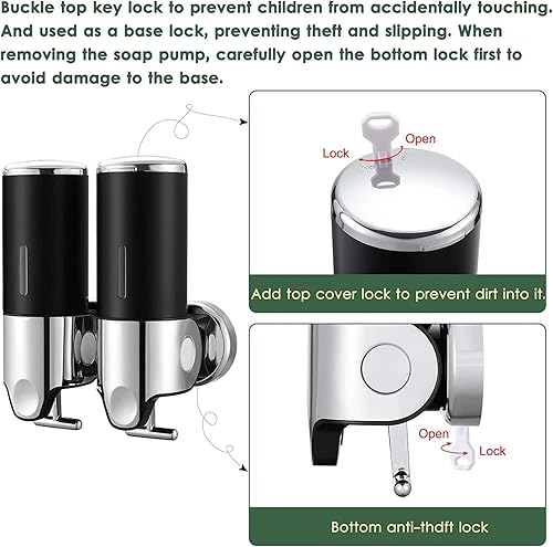 Miniatura 3 de Dispensador de jabón montado en la pared, dispensador de ducha y dispensador de jabón para baño, cocina, mercado, hotel, sin taladros (plata, 2 x