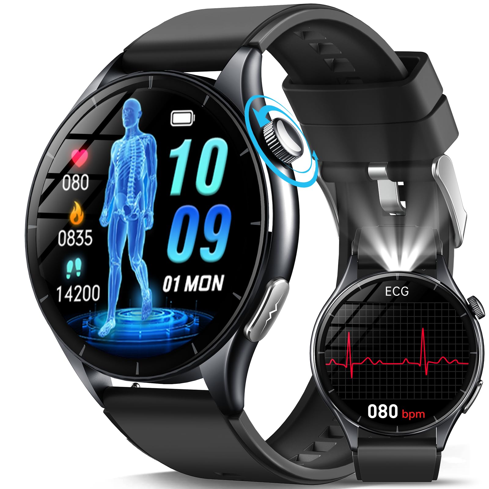 2026 Reloj Inteligente con ECG Presion Arterial 24H Pulsómetro,Hombre Mujer | Reloj Salud Pantalla AMOLED 1,56", Composición Corporal/HRV/Sueño/SpO2/Temperatura Corporal/IMC/30sMini Chequeo/Lámpara LED