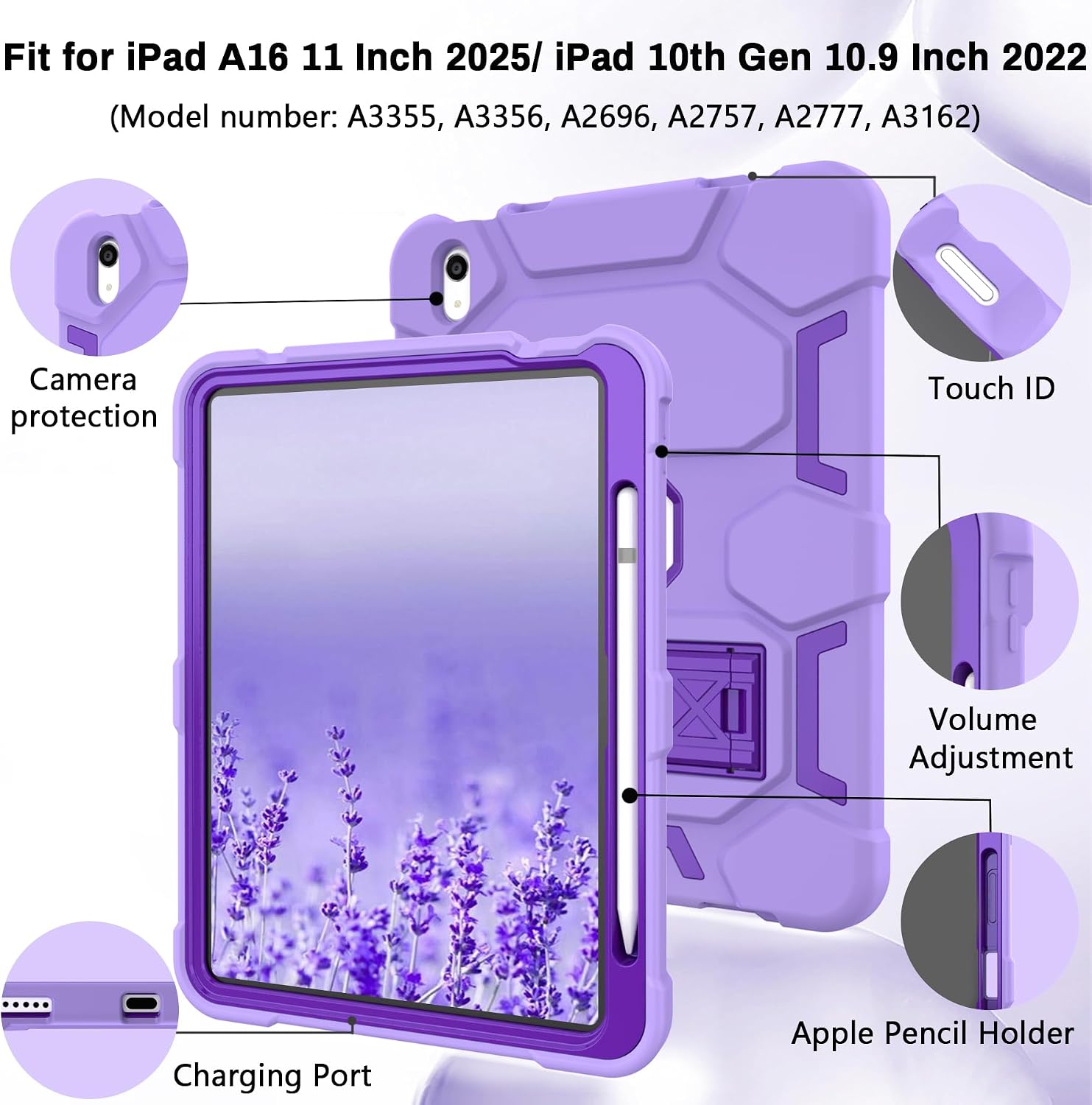 CCMAO Case for iPad (A16) 11th/10th Generation(2025/2022), iPad 10th Case with Kickstand & Pencil Holder, Heavy Duty Shockproof Hybrid Three Layer Protective Cover for Girls Women, Light+Dark Purple