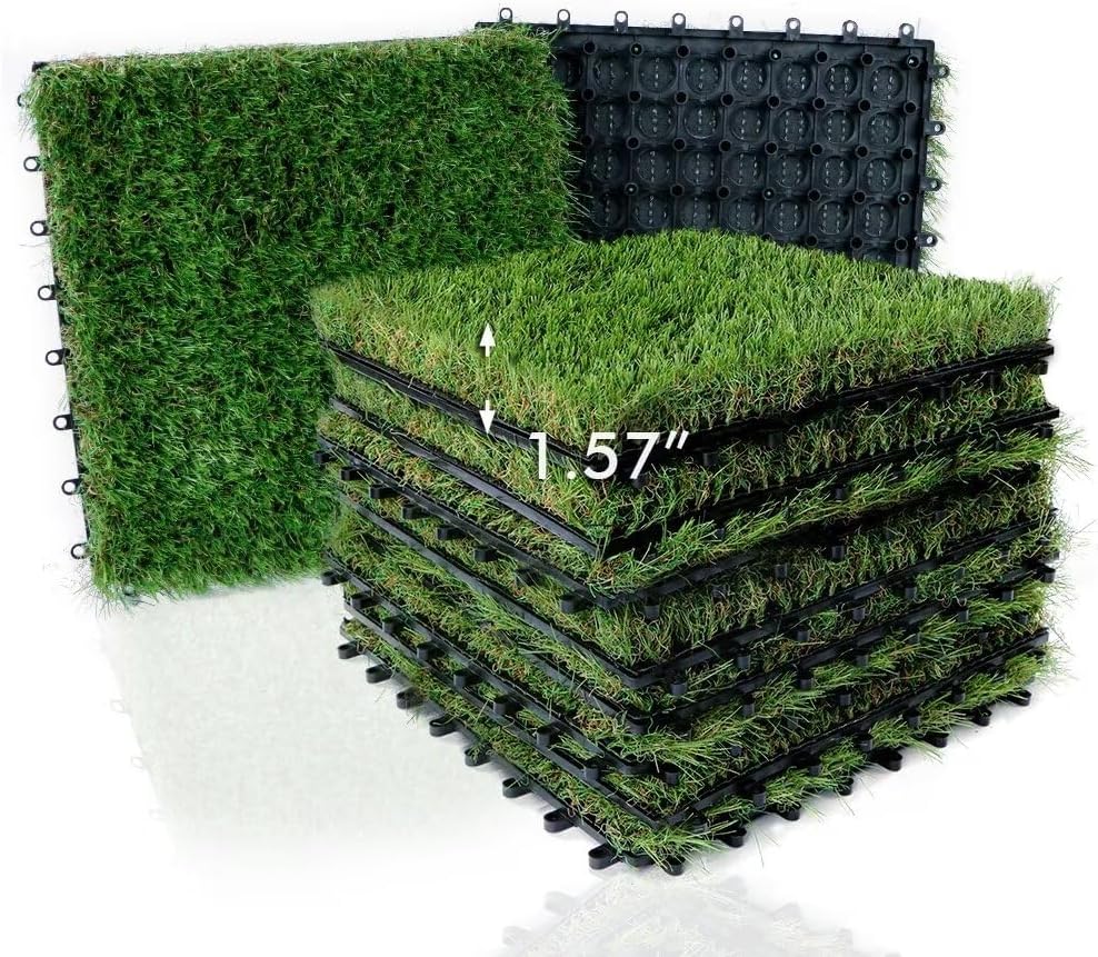 Artificial Grass Tiles Interlocking Turf Deck Set 9 Pack - 12"x12" Synthetic Fake Grass Self-draining Mat Flooring Decor Pad for Dog Pet Indoor Outdoor