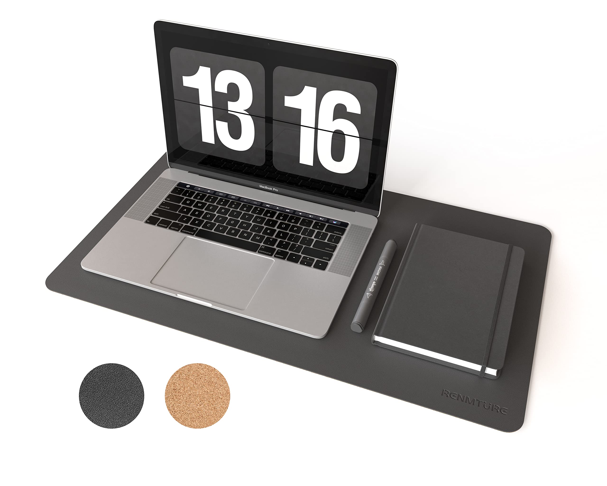 RENMTURE Dual-Sided Mouse Pad, Natural Cork & PU Leather Large Desk Pad for Office and Home Work, Desk Protector Non-Slip, Waterproof, Easy Clean (Black, 23.6" x 13.7") — image 1