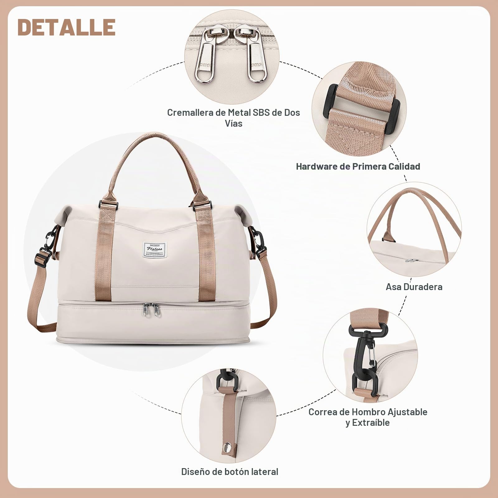 HPLQQ Bolsa de Viaje 40x30x20 Ryanair Equipaje de Mano de Fin de Semana de Deporte Mujer con Compartimento para Zapatos Bolsa Gimnasio Bolso Maternidad Hospital,A01-Marr贸n Beige