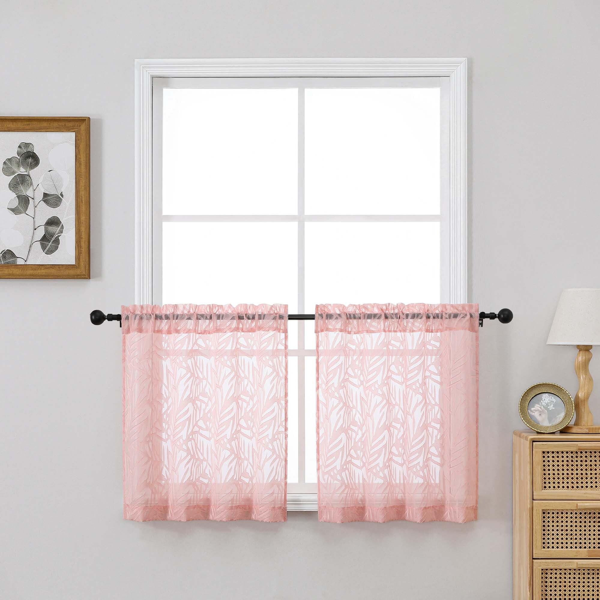 OVZME Short Blush Pink Sheer Curtains 24 inch Length 2 Panels Set, Textured Soft Airy Elegant Leaf Jacquard Kitchen Curtains Tier for Bathroom Bedroom Living Room Small Windows, 2x30Wx24L Inches โ image 1