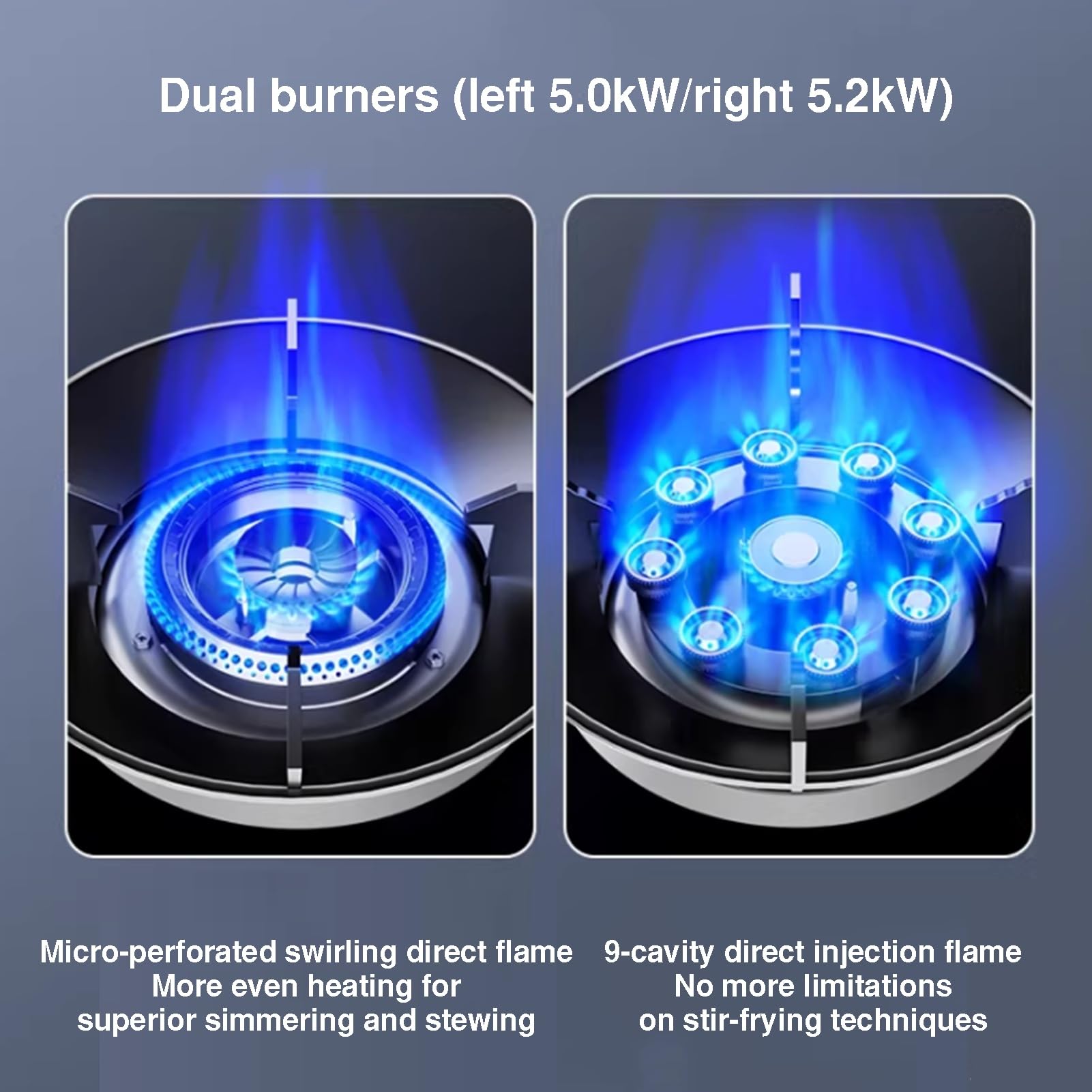 Estufa de gas portátil, 2 quemadores de GLP/cocina natural, quemador wok de alta eficiencia de 5,2 kW, panel de vidrio templado, protección contra fallos de llama