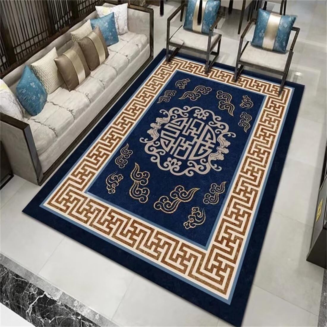 Tapis de cuisine bleu 90x150cm au motif de plante traditionnelle pour déco de restaurant
