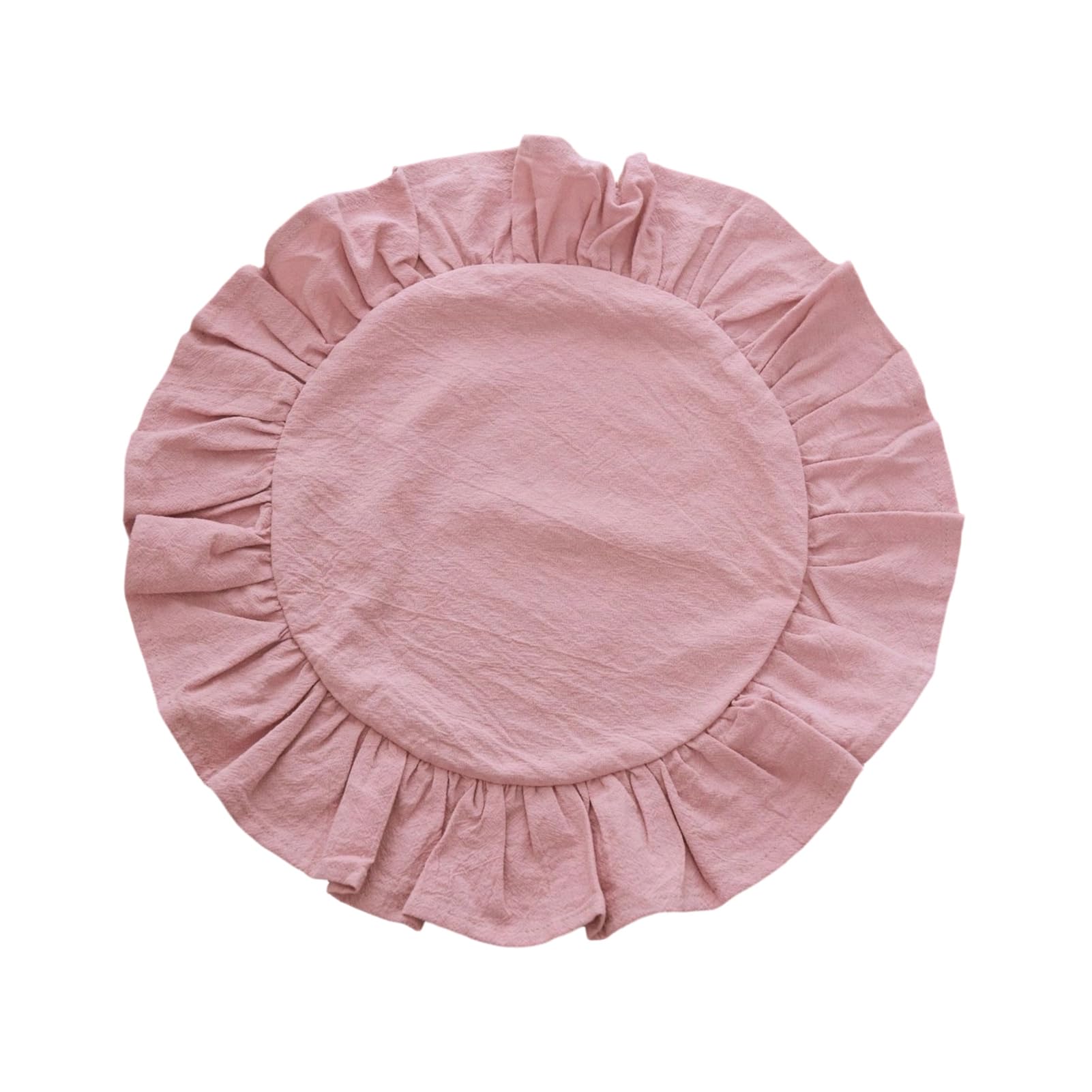Round Ruffled Placemats, Washed Cotton Table Mats 38cm, Shabby Chic Rustic Dining Decor for Kitchen, Afternoon Tea Party Wedding, Farmhouse Style Soft Fabric Non-slip Protectors Pink 38cm