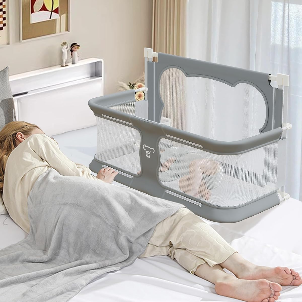 JWPEHOE 3 in 1 Baby Bassinet Bedside Sleeper Portable Crib, Co-Sleeping Baby Bed, Playpen, Suitable for Twin, Full, King & Queen Size Bed (33.5 Inch)