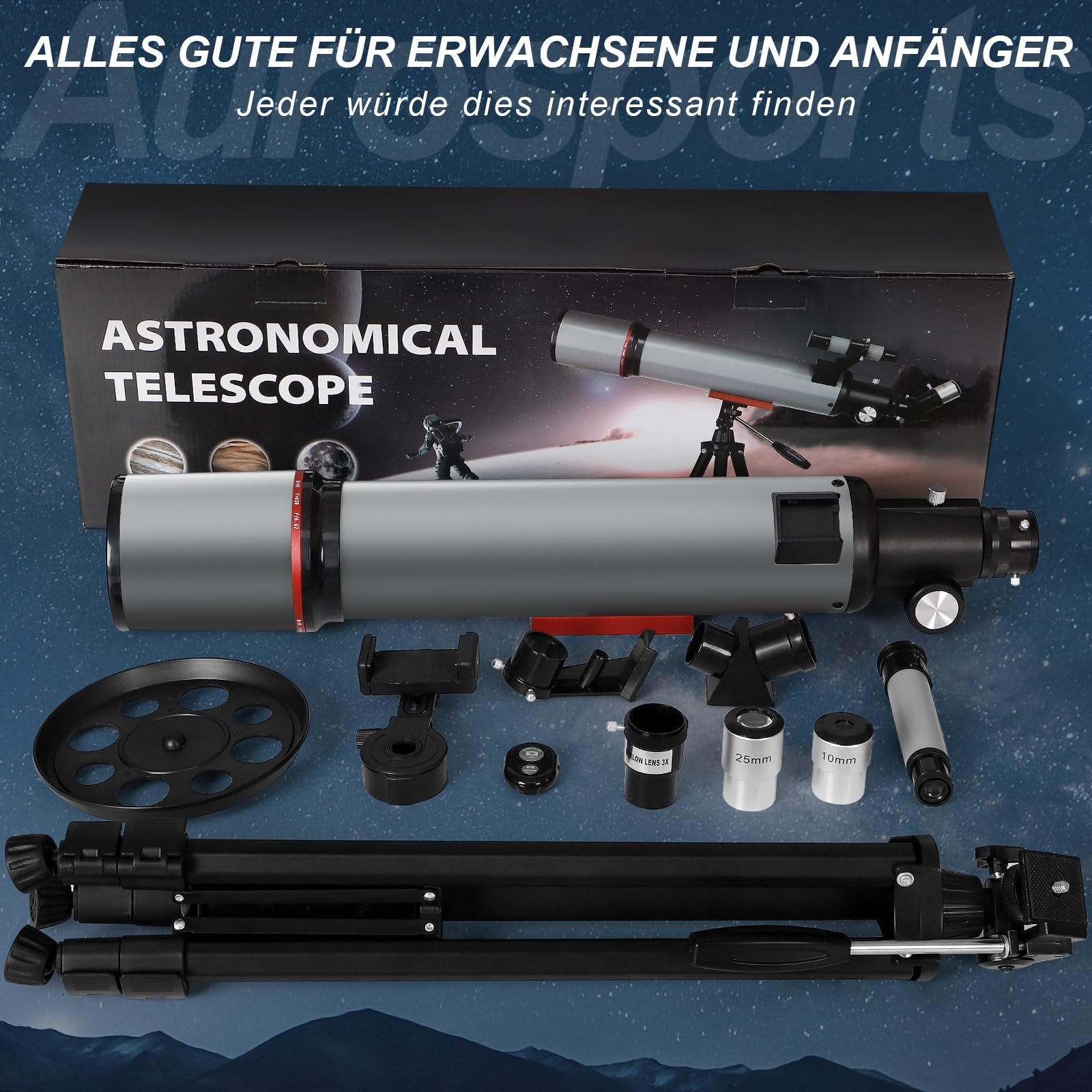 Aurosports Astronomisches Teleskop für Erwachsene - 90mm Öffnung 600mm Refraktor Teleskop Anfänger kompaktes und tragbares Reiseteleskop mit Rucksack