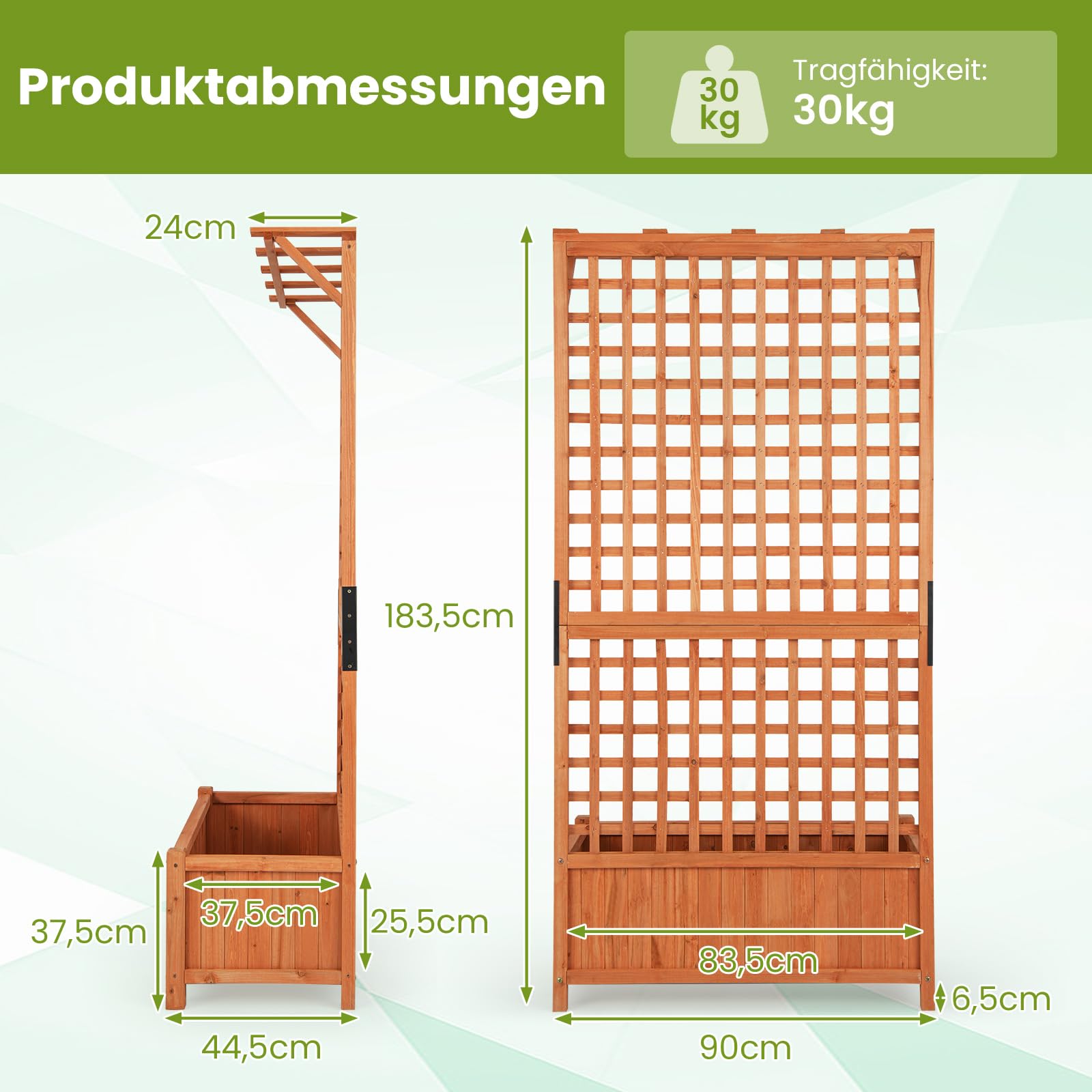 GOPLUS Pflanzkasten mit Rankgitter, Blumenkasten mit Ablauflöchern & Spalier, Gartenbeet aus Tannenholz, Rankhilfe für Kletterpflanzen, Gartenspalier für Garten & Balkon, 90 x 44,5 x 183,5 cm
