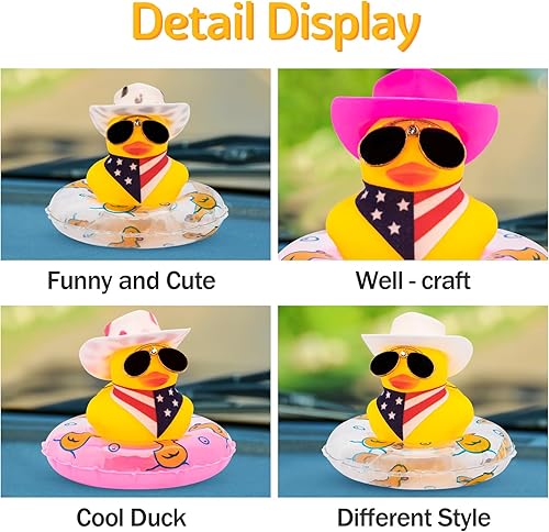Miniatura 4 de wonuu Adornos de pato de goma para automóvil, accesorios de decoración de tablero de automóvil con mini anillo de natación, sombrero de vaquero y