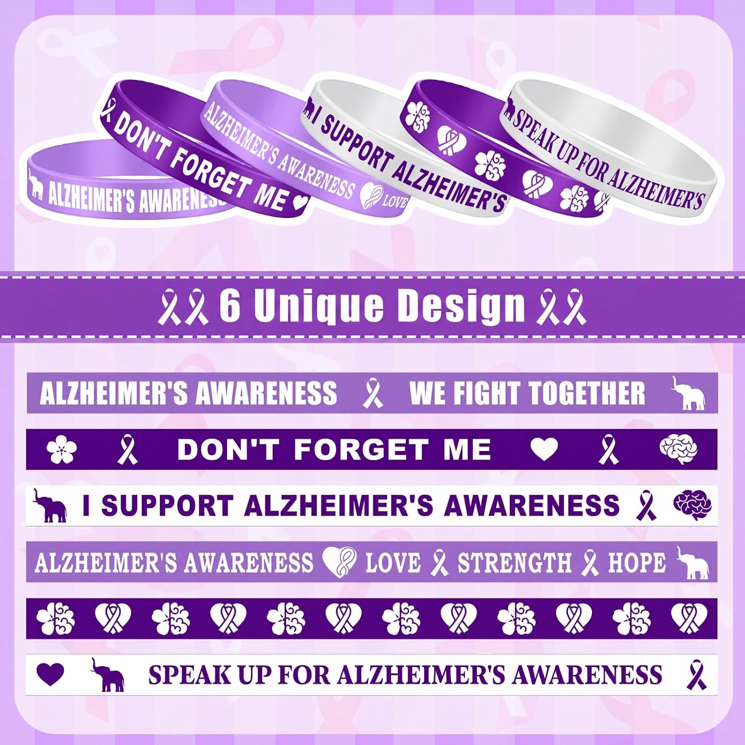 Landical 120 Pcs Alzheimer's Awareness Silicone Bracelets Purple Ribbon Motivational Rubber Wristbands Colored Alzheimer's Awareness wristbands For Event Support Charity Supplies Favor