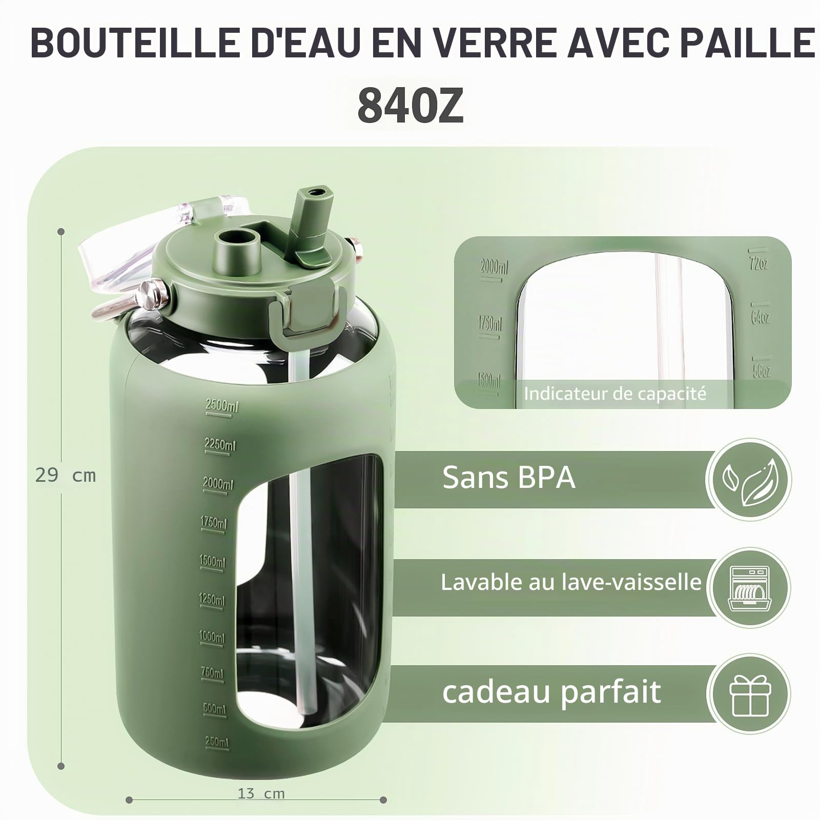 BLUEGO 2500ml Bouteille d'eau en verre avec poignée en acier inoxydable 2,5L Grande Gourd avec marqueurs de temps et manchon en silicone Carafe à eau Sans BPA pour sport, Olive