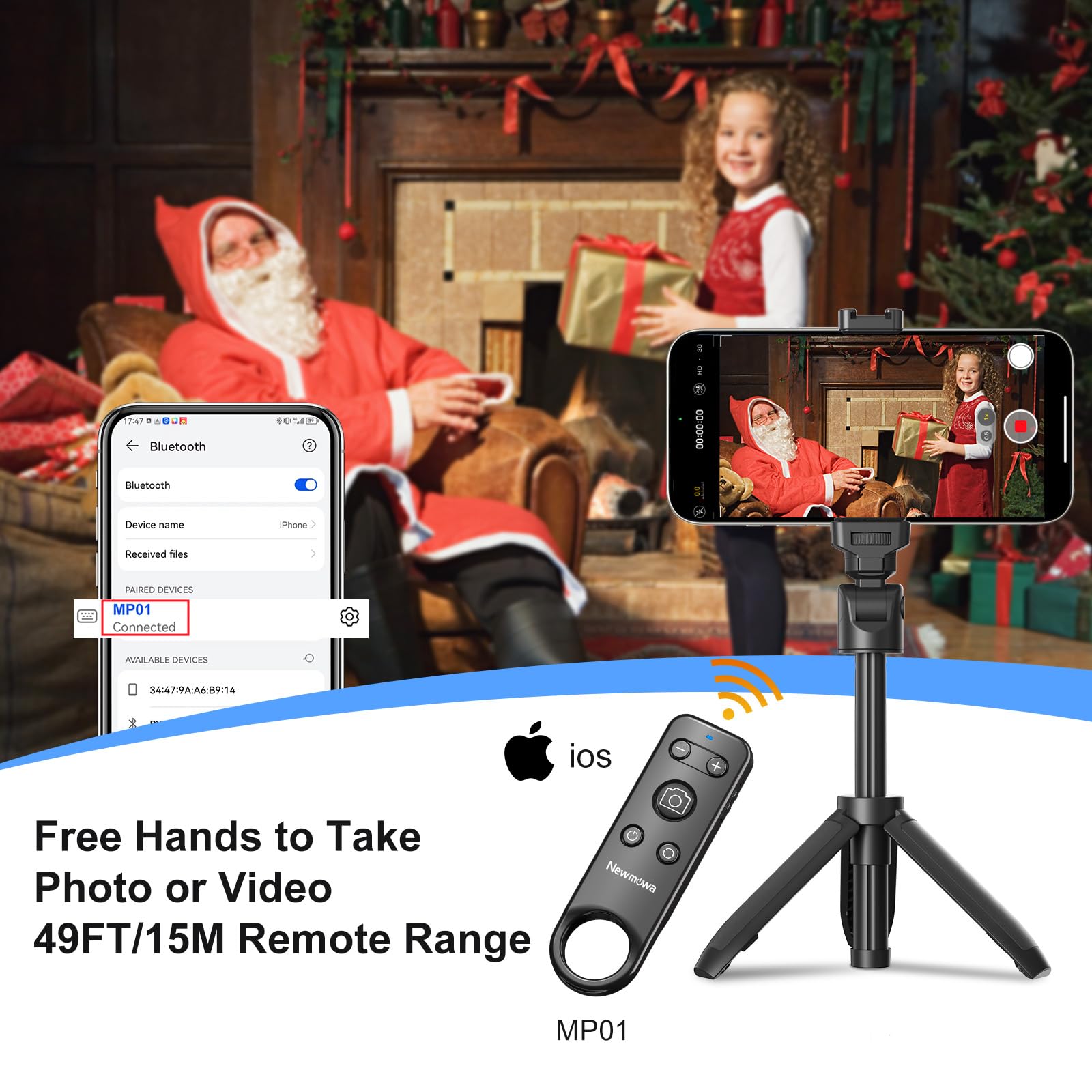 Newmowa Télécommande sans fil Bluetooth pour prise de vue vidéo/zoom/changement d'objectif sur iPhone, télécommande rechargeable pour selfies vlogs, compatible avec iPhone(iOS 15 Above,NOT for iOS 26)