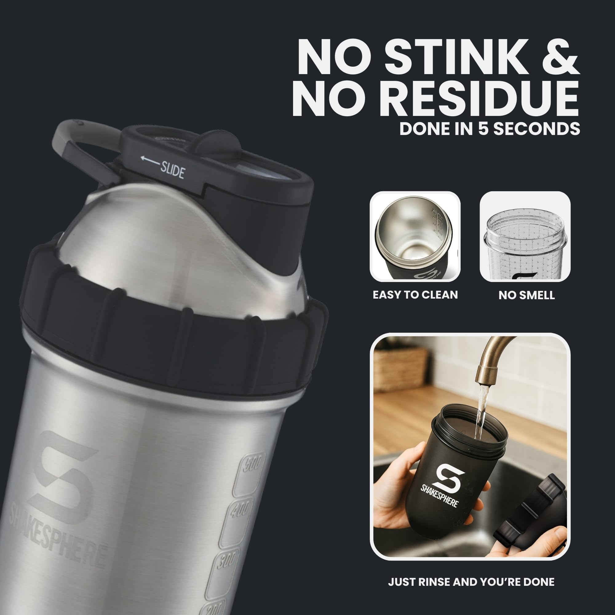Vaso Shakesphere de acero: botella coctelera de proteínas mantiene las bebidas calientes y frías frías, 24 onzas, no necesita bola o batidor, fácil de limpiar, sin BPA, batidos