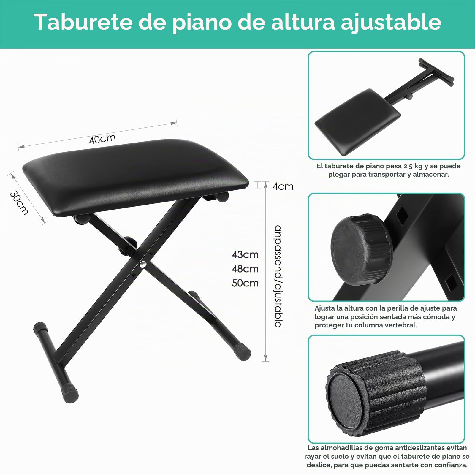 MAMIZO Taburete para teclado de altura ajustable, taburete para piano en forma de X, plegable, banco acolchado para teclado, banco de piano de piel sintética, color negro
