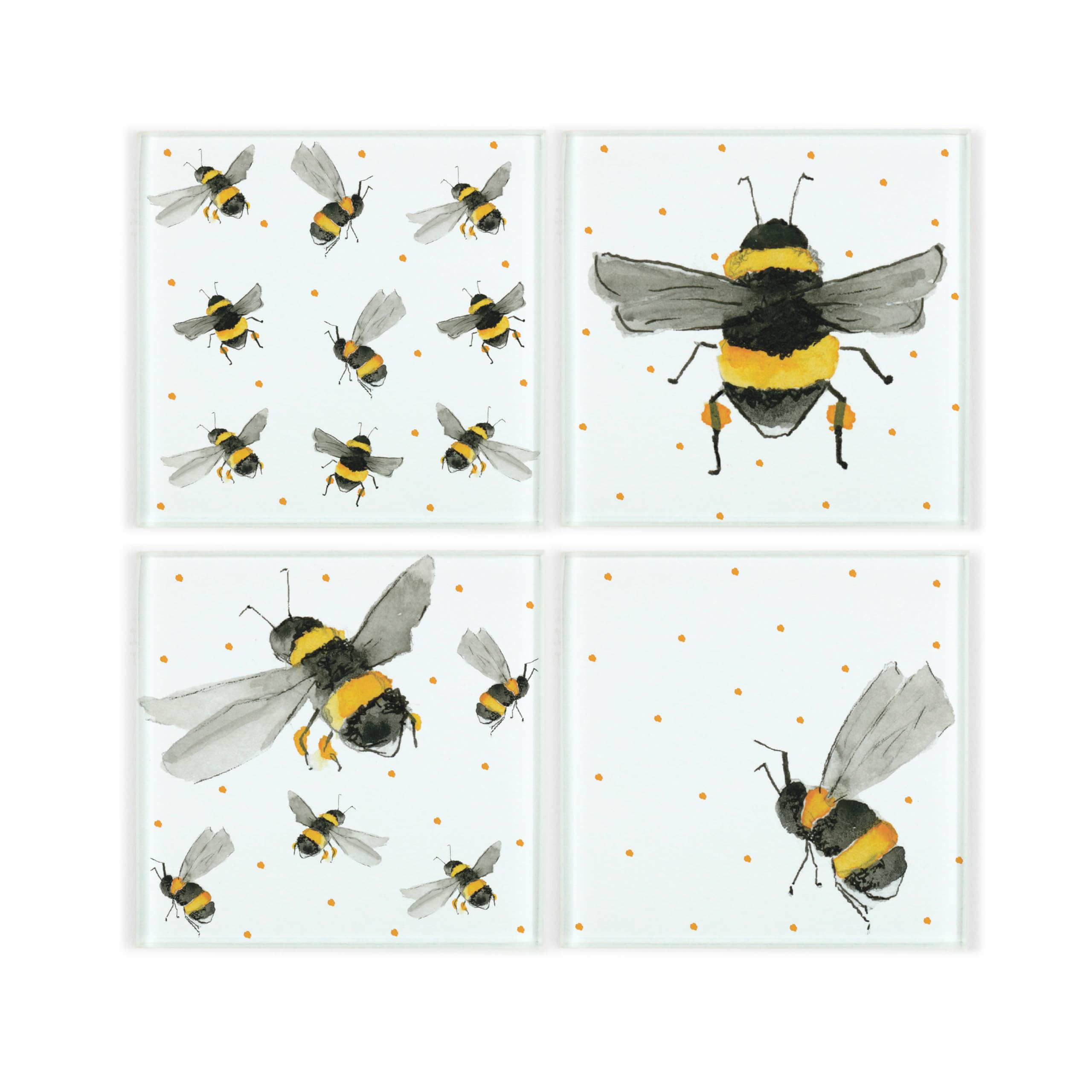 Purely Home Bee Yellow And Black Scattered Bees Glass Coaster Set - Square Painted Bumblebees & Dots By Rhiannon Chauncey - Set Of Four (4) Coasters