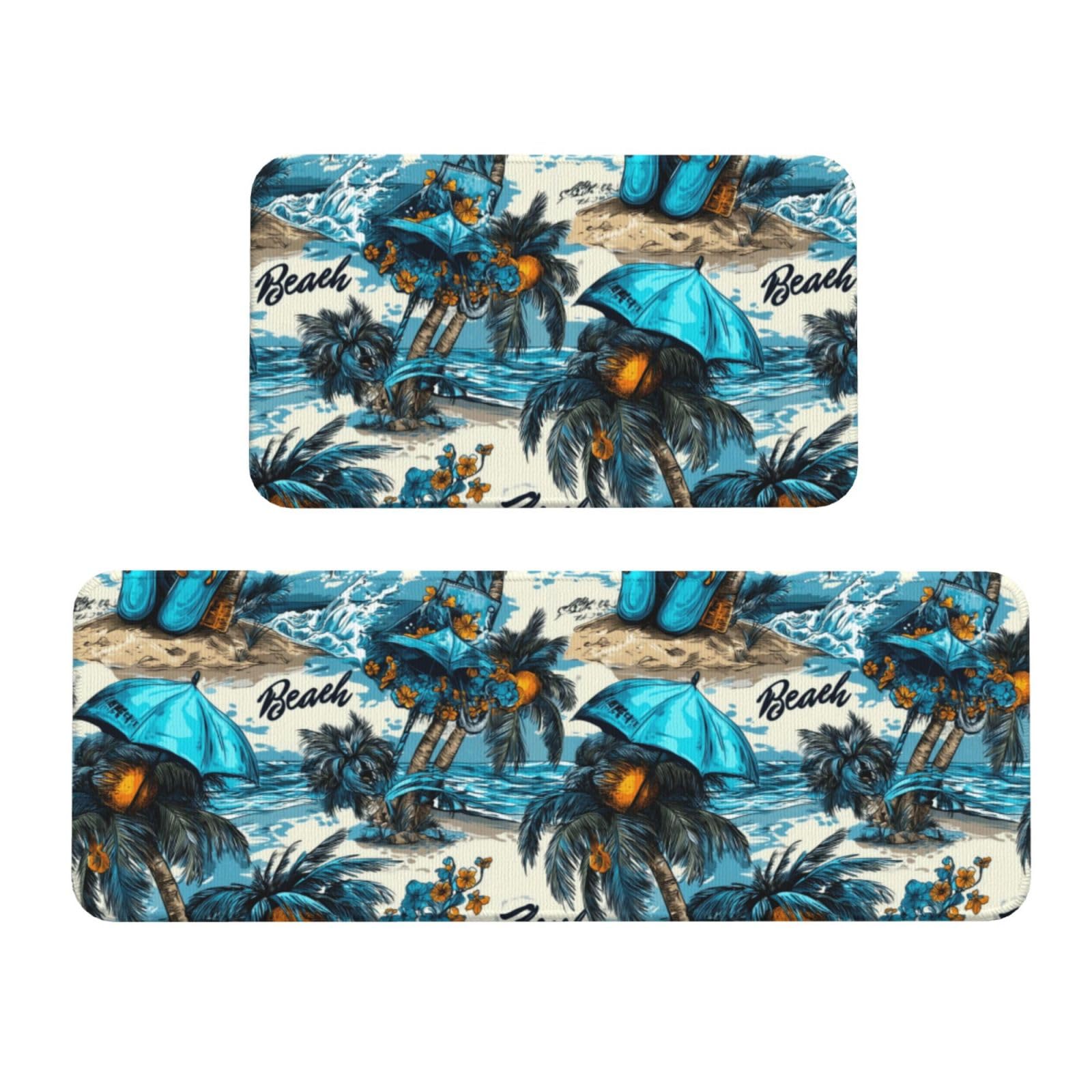 GVYGVY Antifatigue Kitchen Mats for Floor 2 Piece - Hawaii Blue Beach Print Kitchen Rugs Washable, Non Slip Runner Rug Standing Mat for Office/Bathroom/Laundry/Home Decor and Accessories