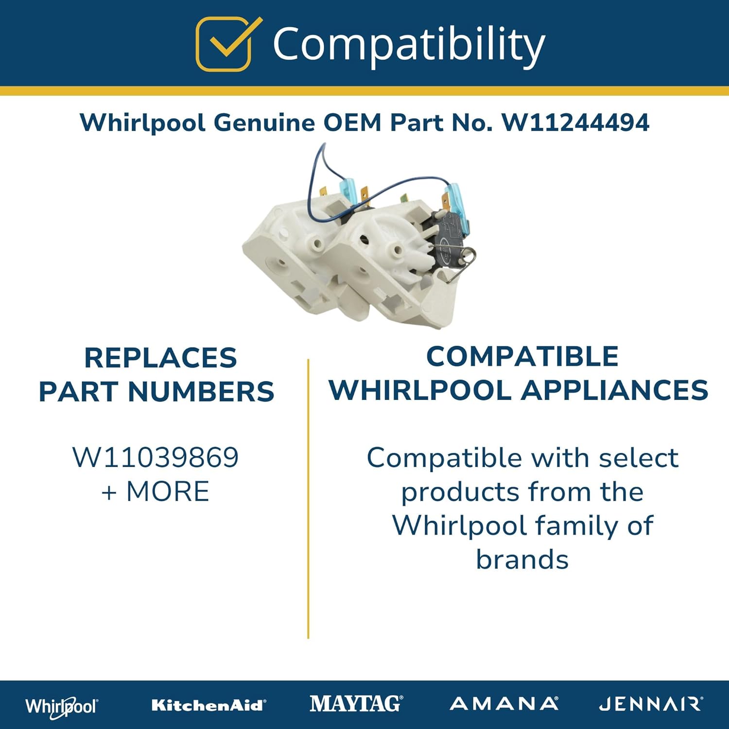 Whirlpool W11244494 Genuine OEM Microwave Door Interlock Switch Assembly Replacement Part - Replaces
