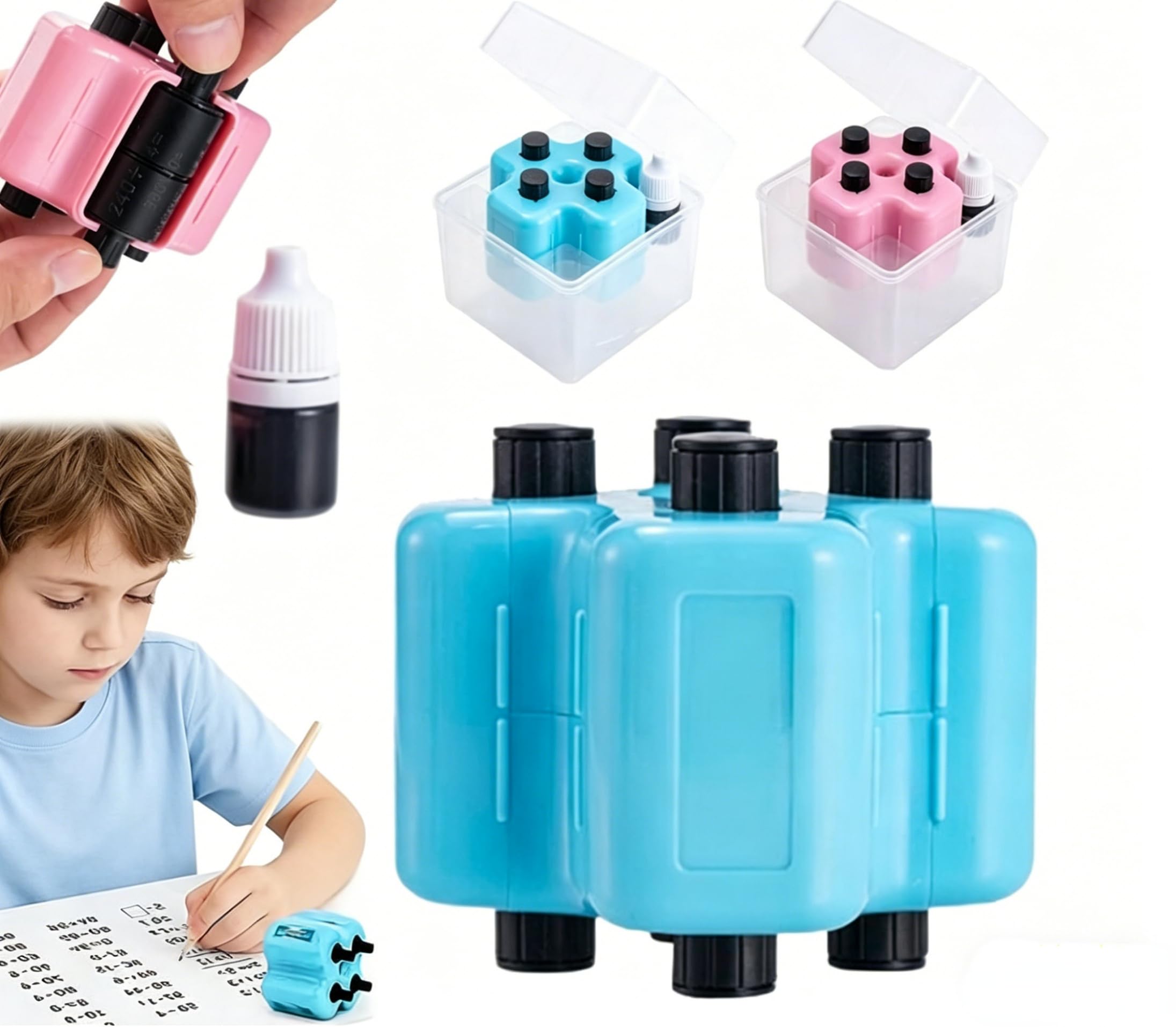 ALINUOYQ 4 in 1 Math Stamp Roller, Magic Stamp Maths with Refill Ink, Roller Digital Teaching Stamp for Schools Supply Teacher Kids Classroom Home, Educational Tool