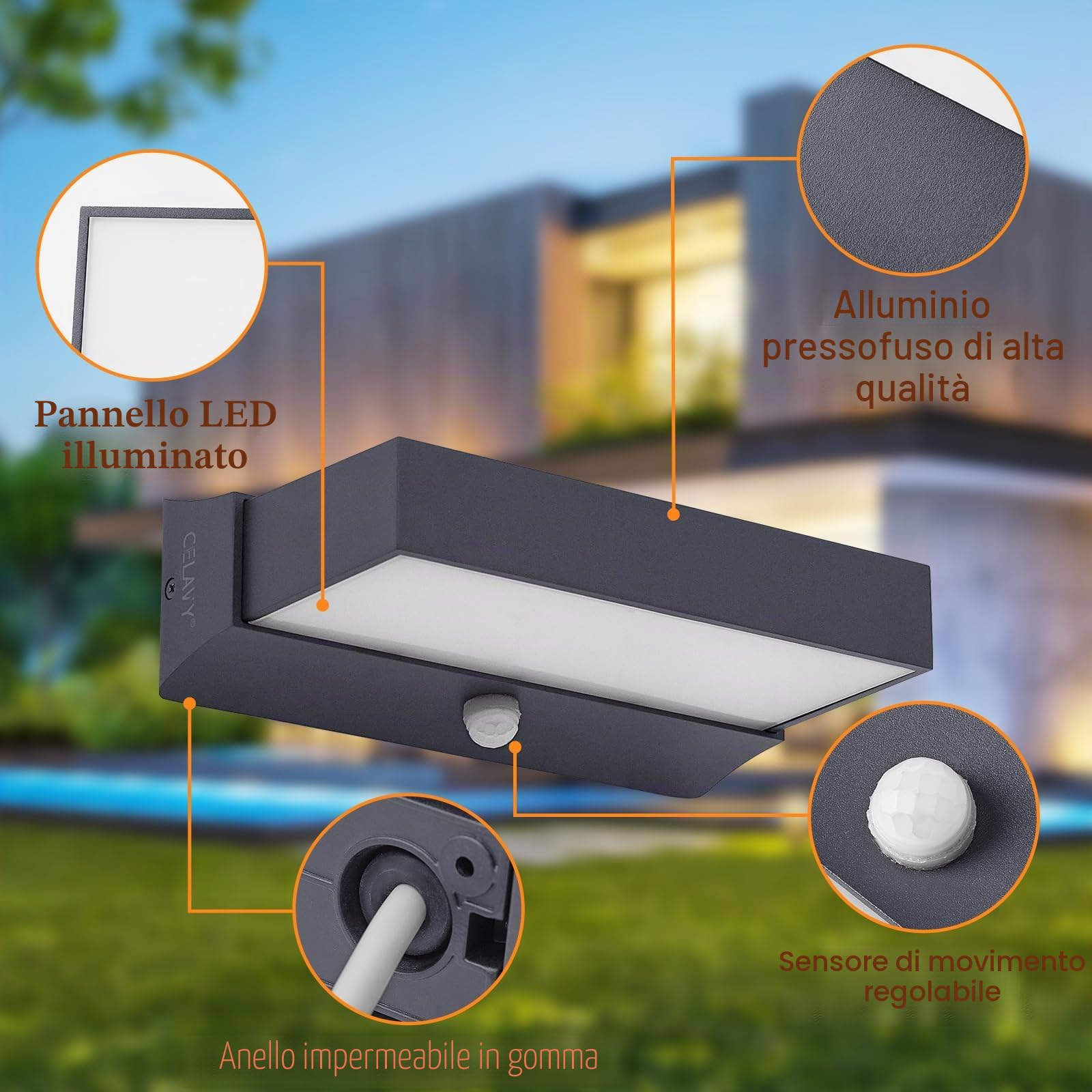 Applique da parete da esterno con sensore di movimento, moderna 11 W lampada da esterno a LED, IP65 lampada da esterno 3000 K Up Down illuminazione da parete esterna in alluminio, antracite