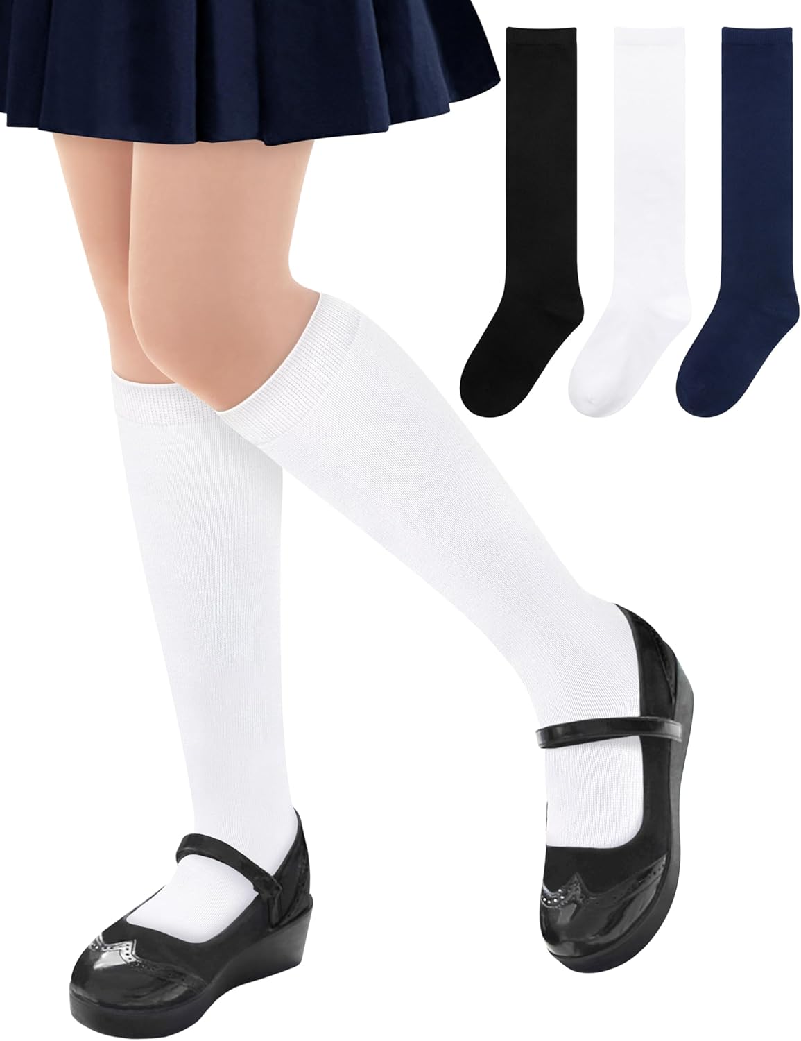 Sarfel 3 Pairs Girls Knee High Socks School Uniform Sock Long Socks for Girls Boys Seamless Dress Sock Cotton 3-18 Years